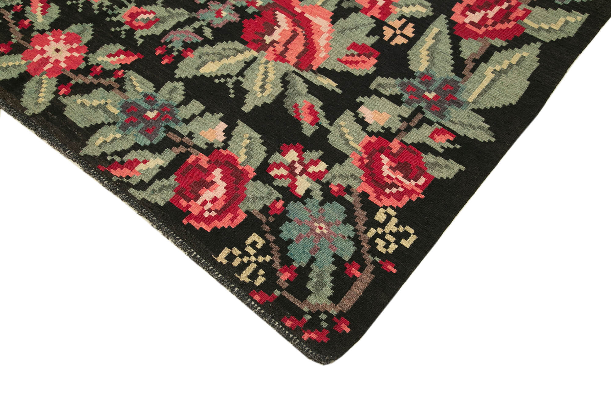 Handmade Wool Rug – Vintage Black Floral Pattern Rug | Cotton Wool Blend Goat Hair