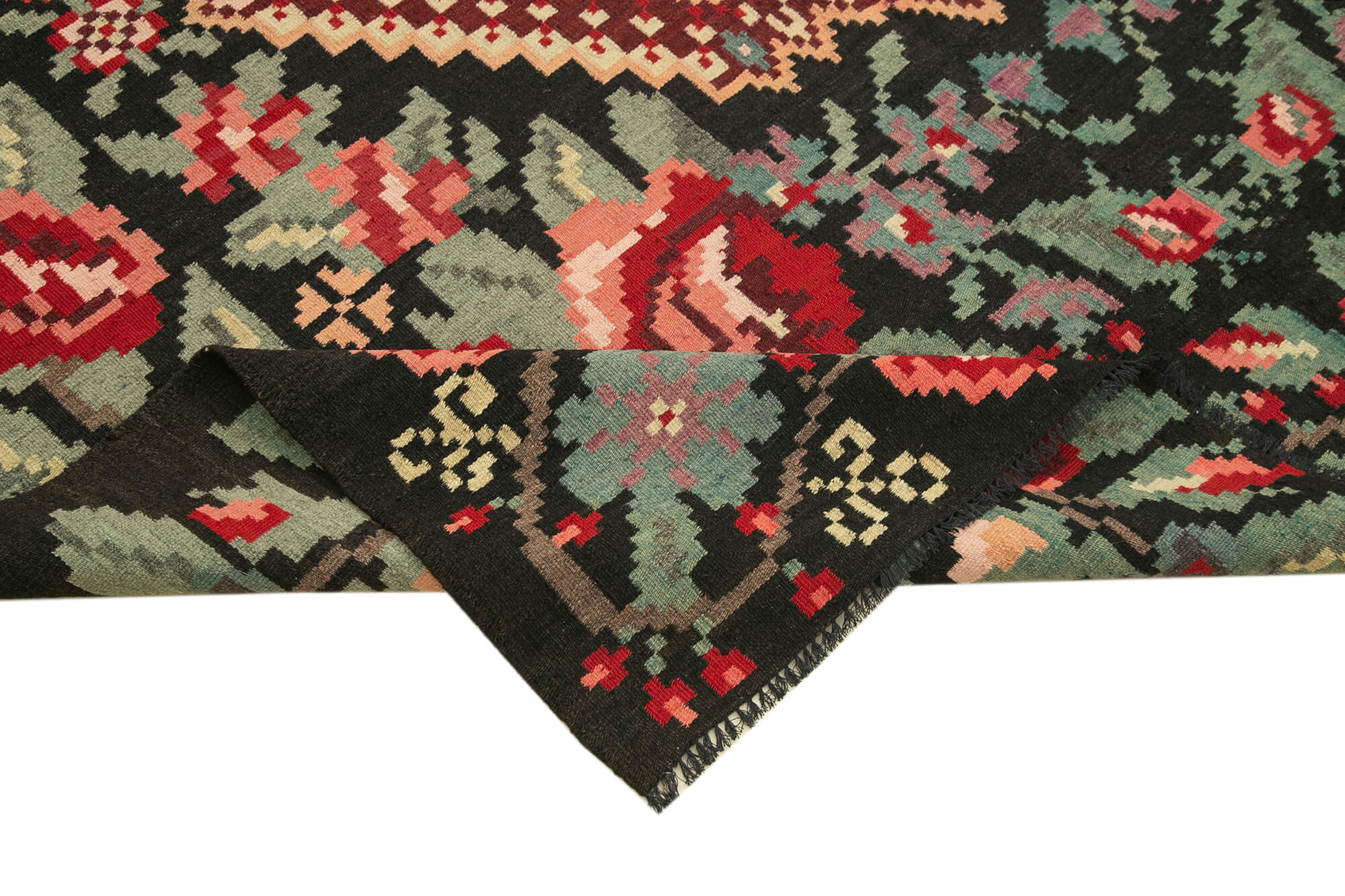 Handmade Wool Rug – Vintage Black Floral Pattern Rug | Cotton Wool Blend Goat Hair