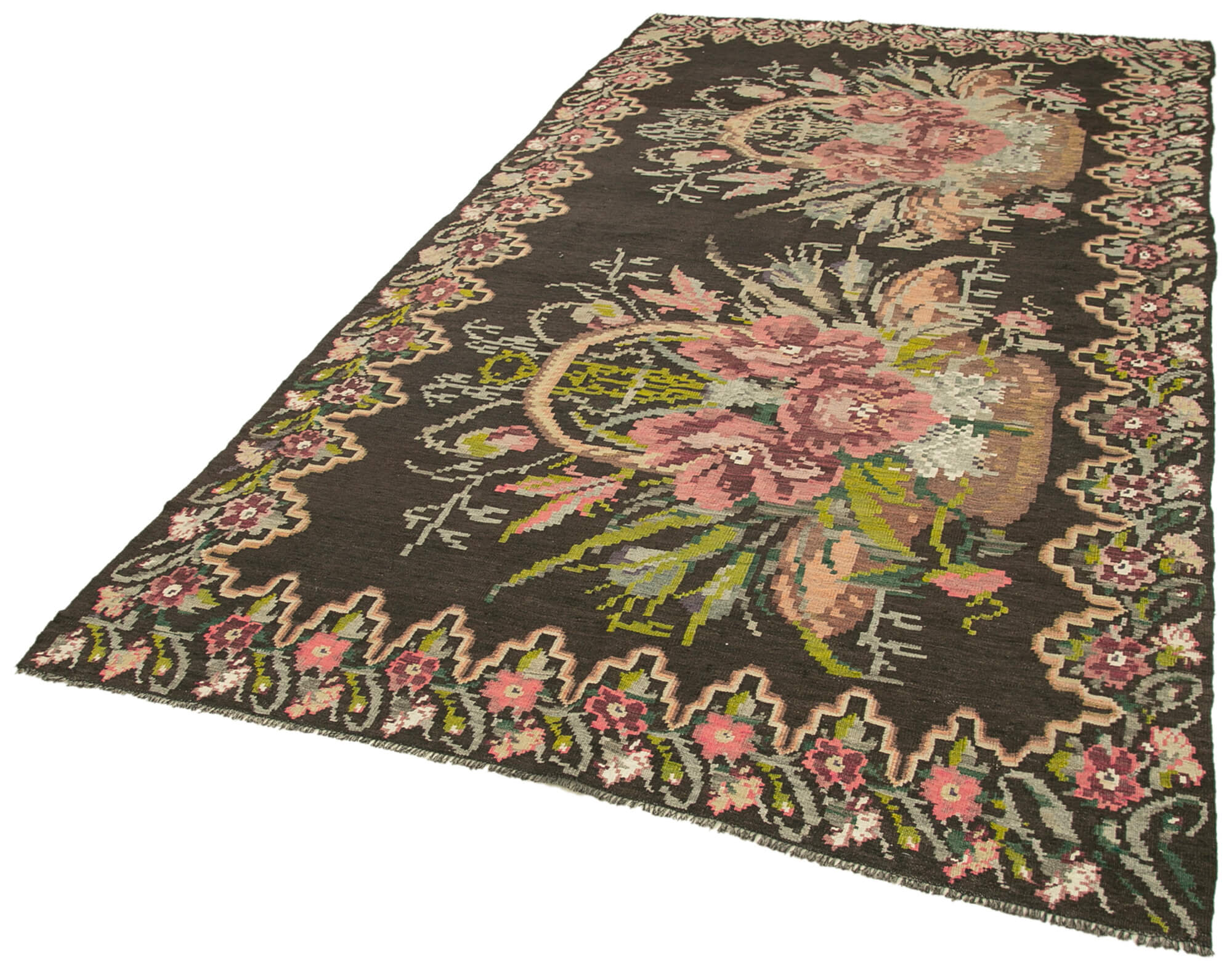 Handmade Wool Rug – Black Floral Vintage Area Rug With Soft Wool Texture 5'7''x10'1''