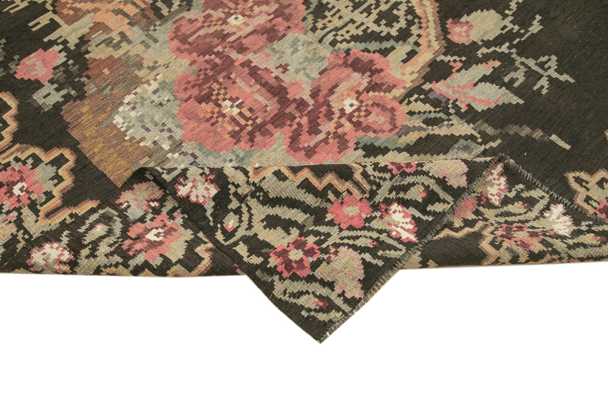 Handmade Wool Rug – Black Floral Vintage Area Rug With Soft Wool Texture 5'7''x10'1''