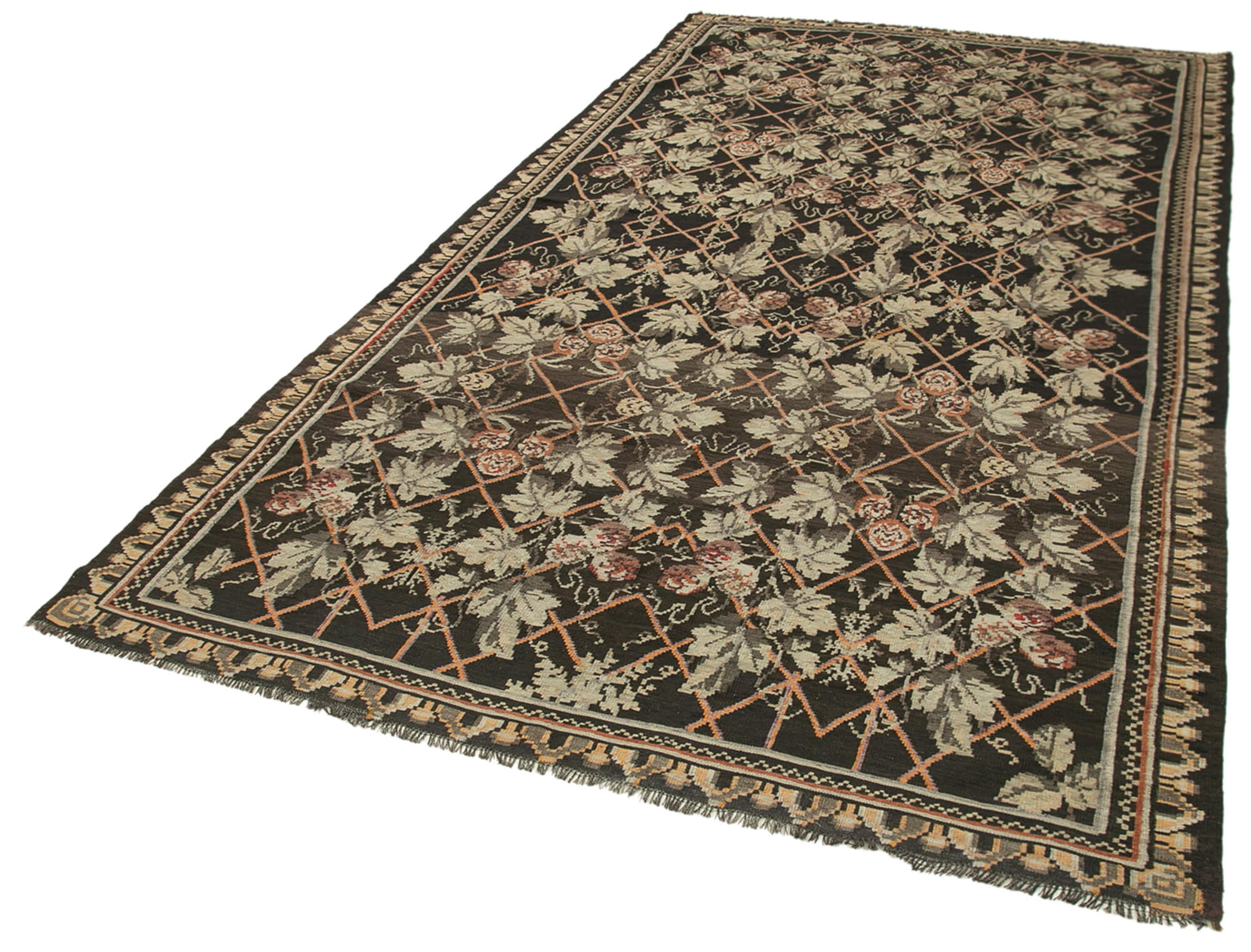 Handmade Wool Area Rug – Black Floral Vintage Carpet With Cotton Goat Hair Blend 5'10"x11'9"