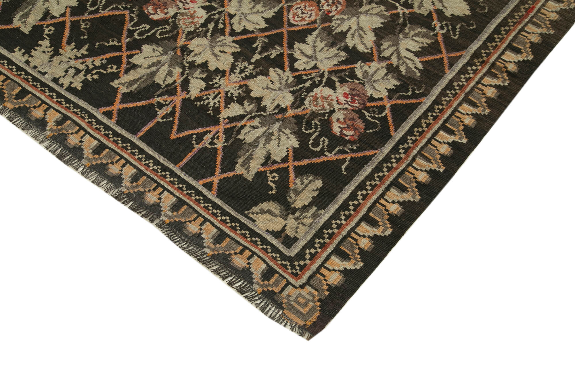 Handmade Wool Area Rug – Black Floral Vintage Carpet With Cotton Goat Hair Blend 5'10"x11'9"
