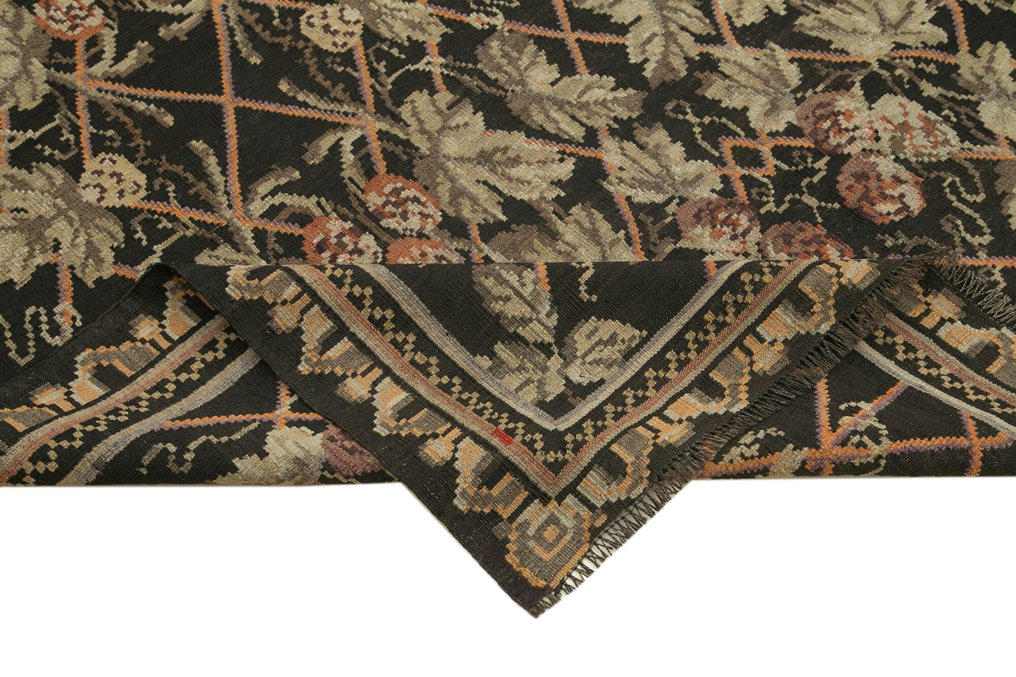 Handmade Wool Area Rug – Black Floral Vintage Carpet With Cotton Goat Hair Blend 5'10"x11'9"
