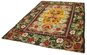 Handmade Wool Rug - Vintage Area Rug With Black Floral Design, 6'5''x9'3''