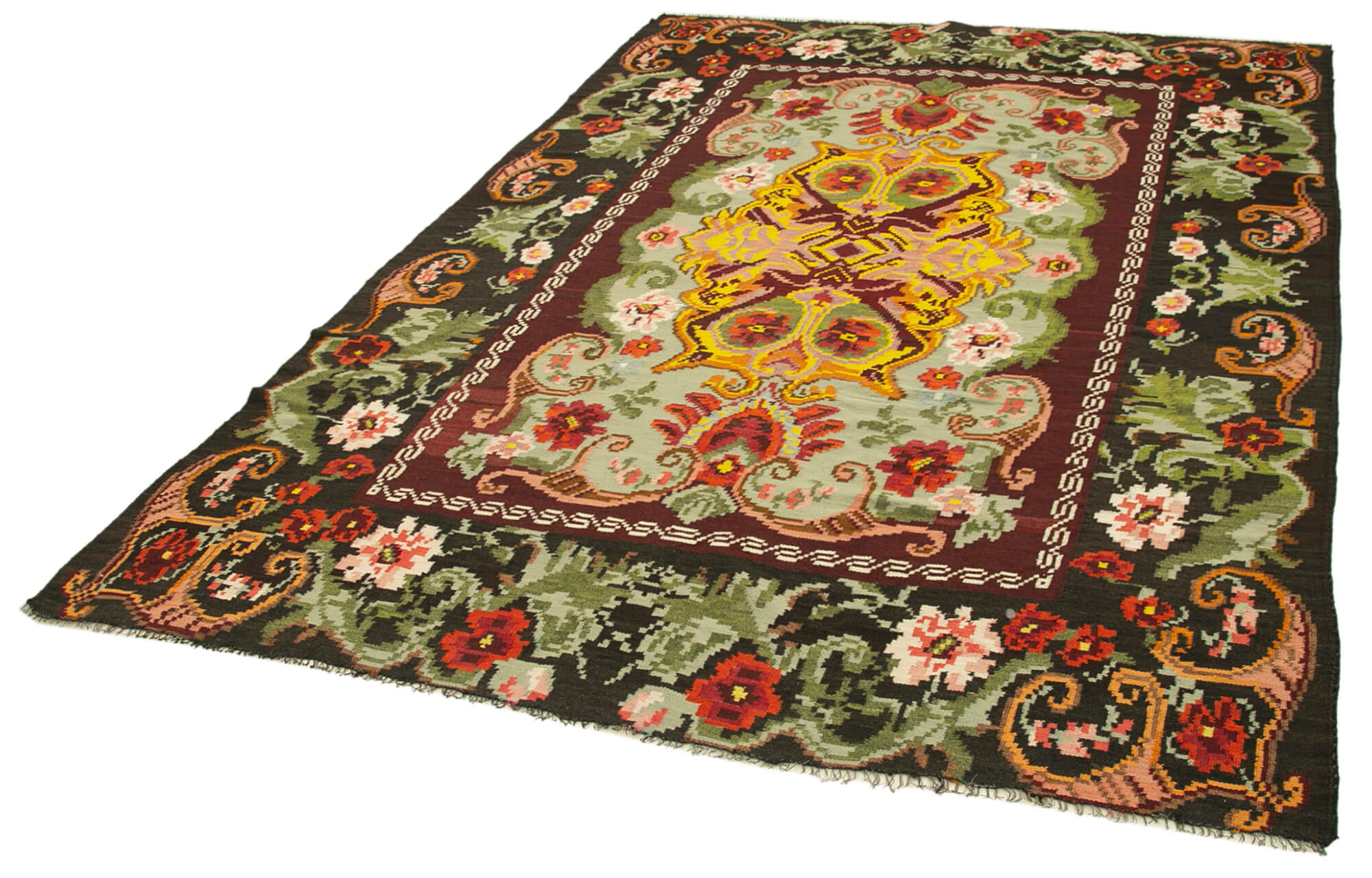 Handmade Wool Rug - Vintage Area Rug With Black Floral Design, 6'5''x9'3''