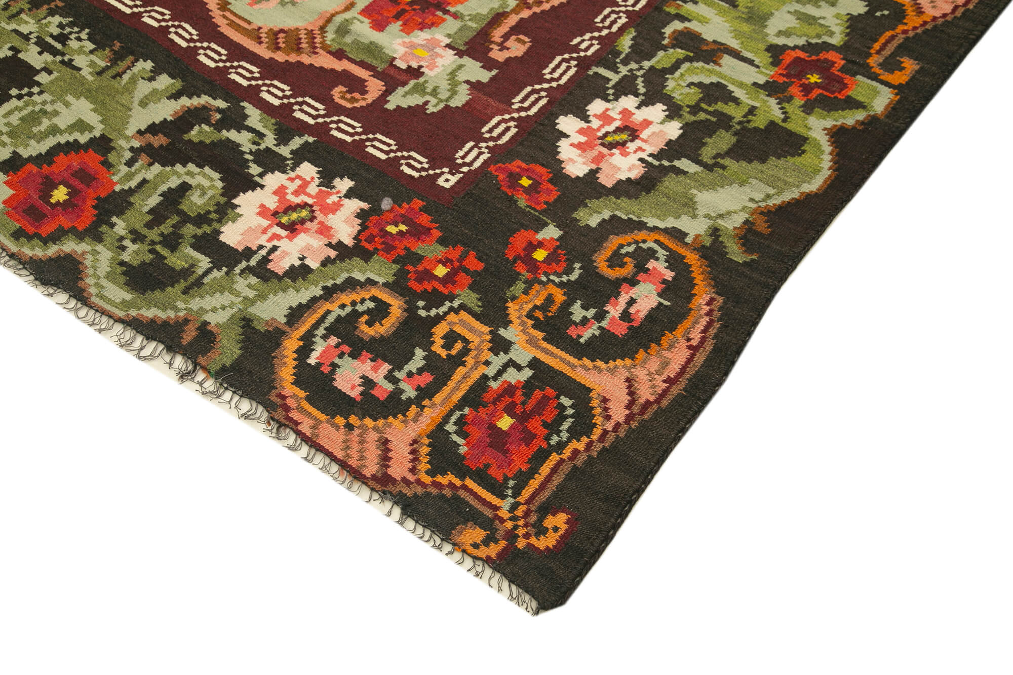 Handmade Wool Rug - Vintage Area Rug With Black Floral Design, 6'5''x9'3''
