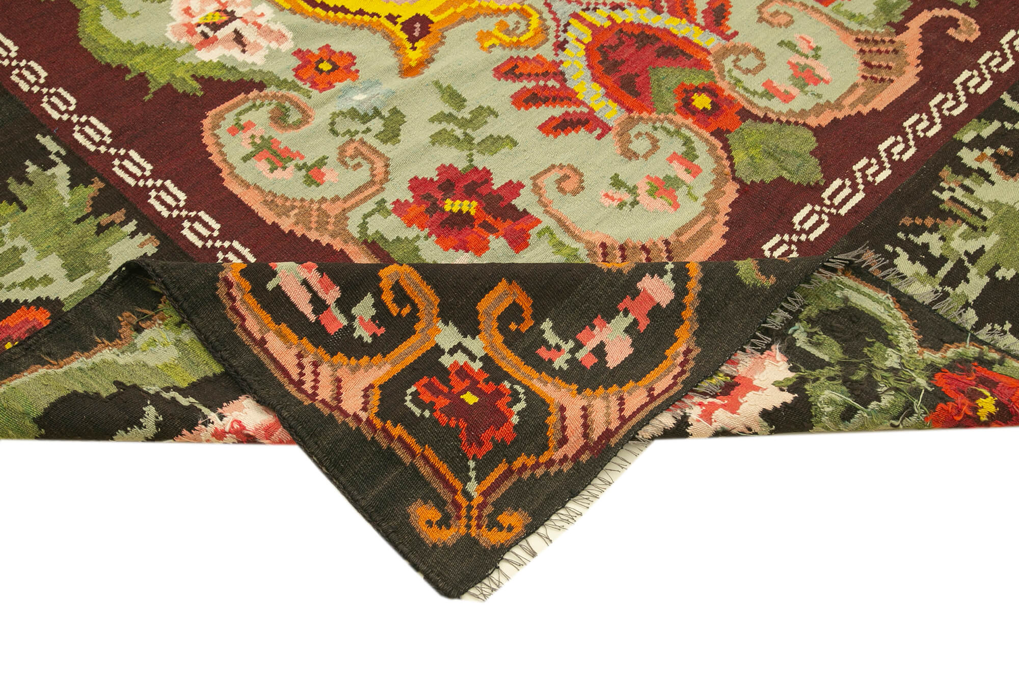 Handmade Wool Rug - Vintage Area Rug With Black Floral Design, 6'5''x9'3''