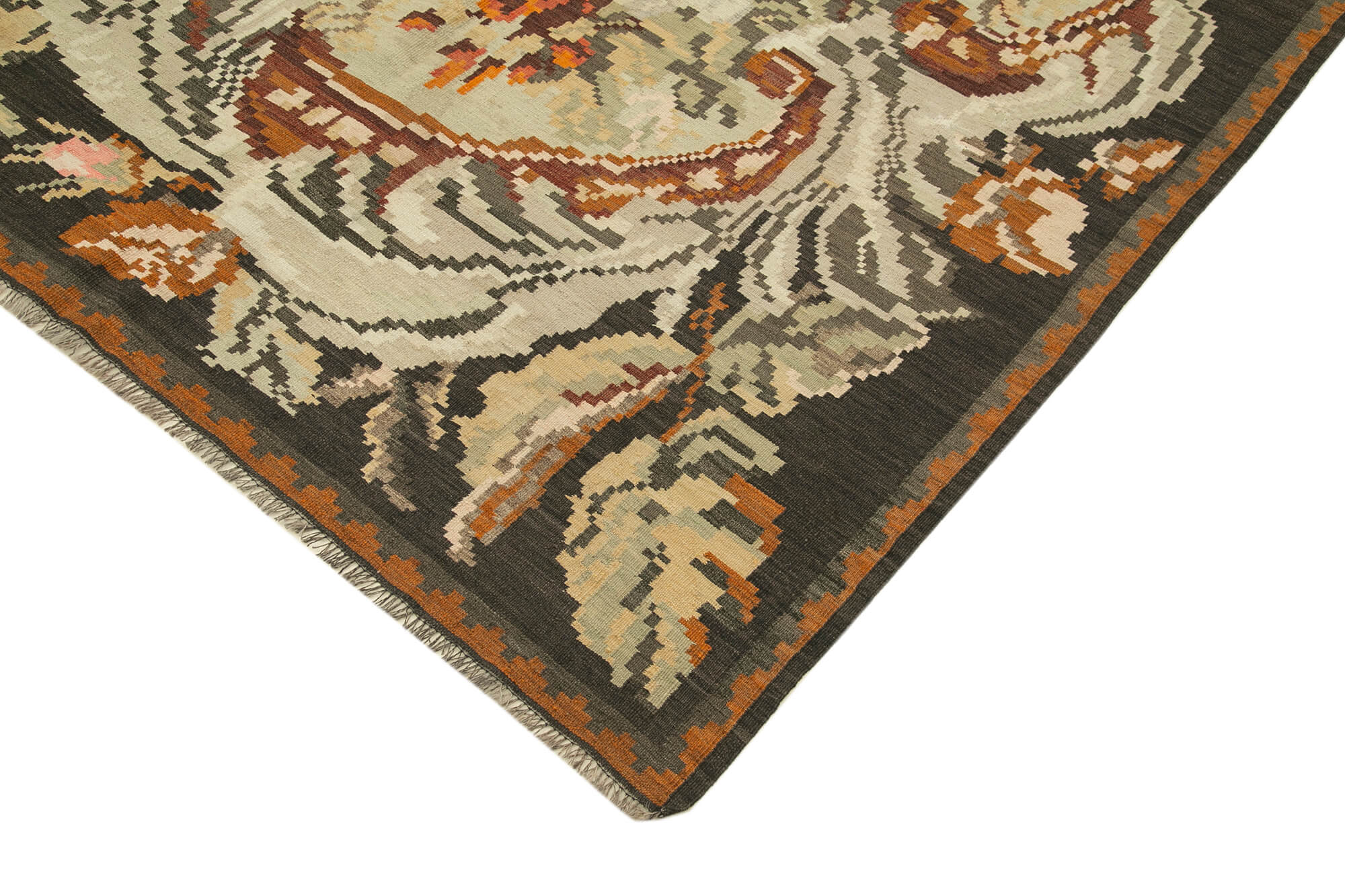 Handmade Wool Rug – Vintage Area Rug With Black Floral Design, Cotton Wool Carpet