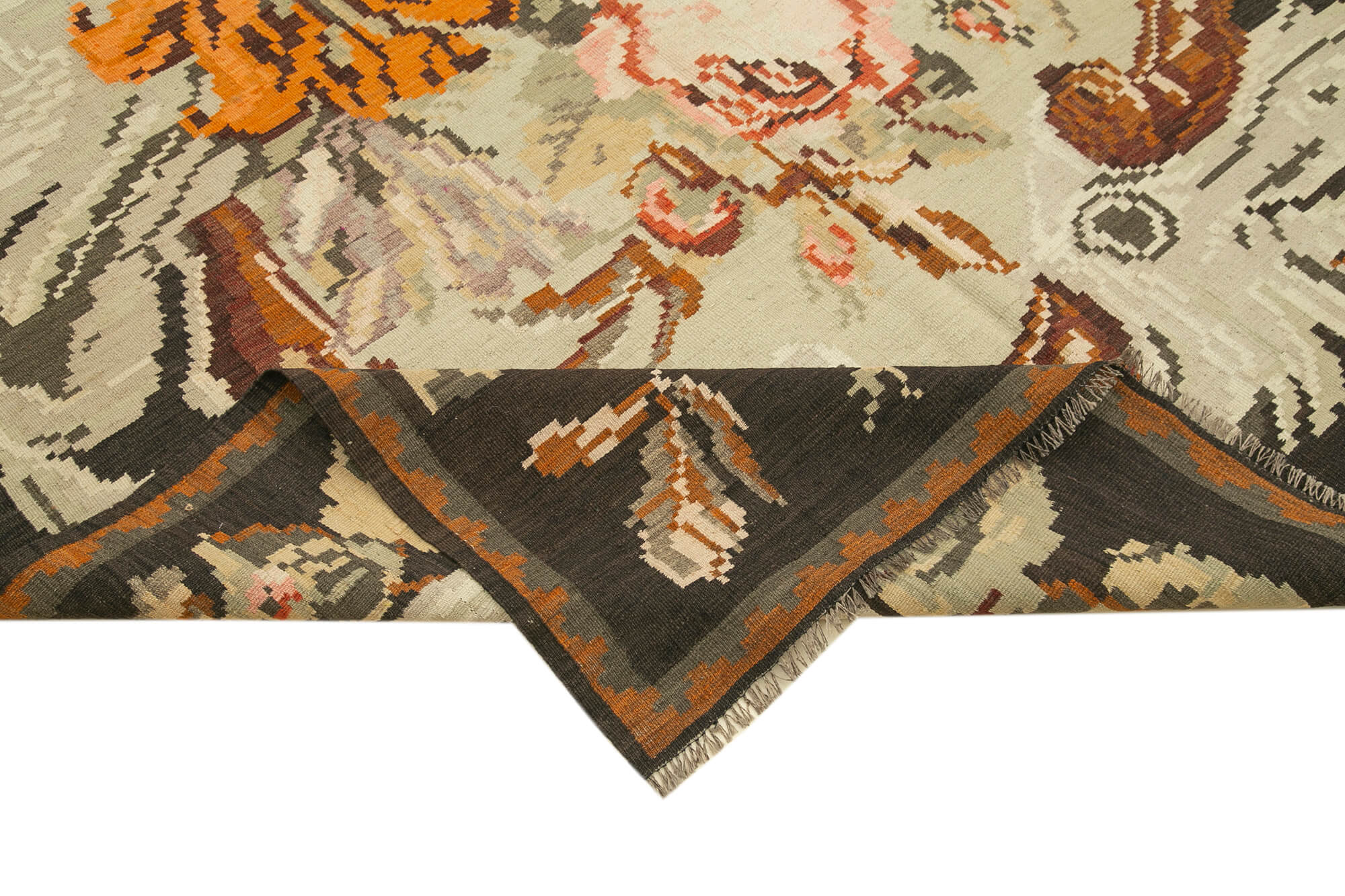 Handmade Wool Rug – Vintage Area Rug With Black Floral Design, Cotton Wool Carpet