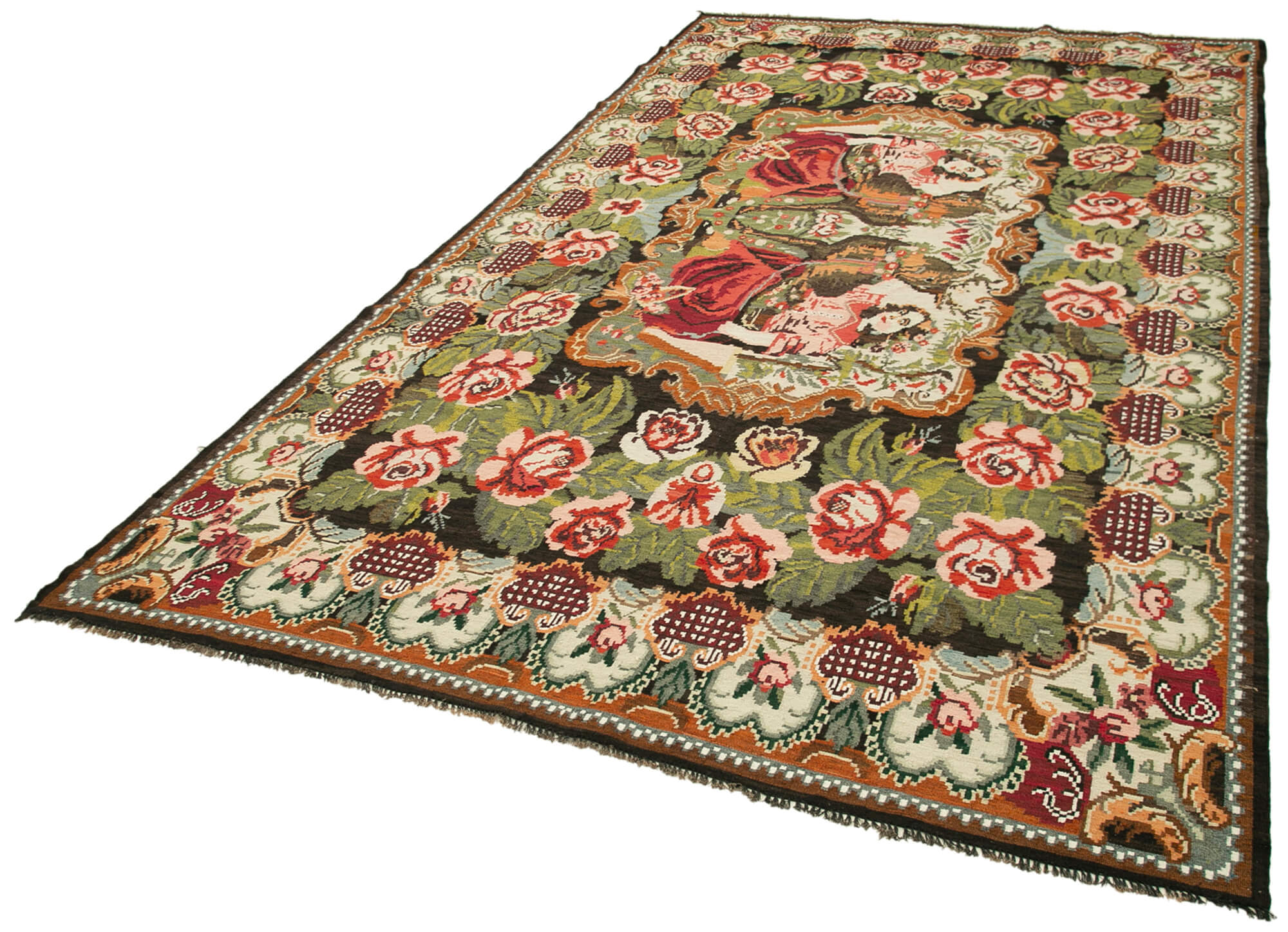 Handmade Wool Rug - Moldovian Black Floral Vintage Area Rug 6'4'' x 11'2''