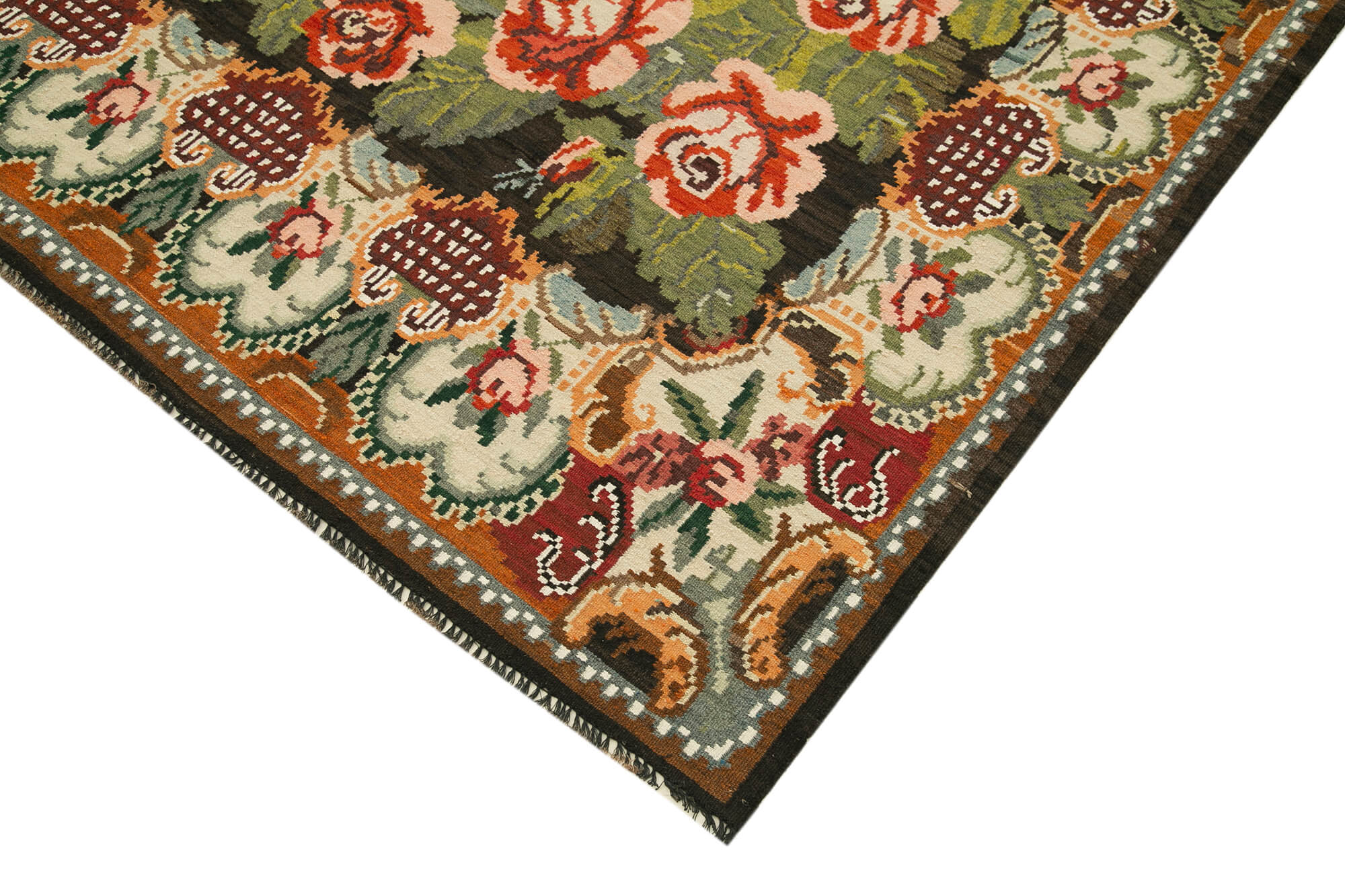 Handmade Wool Rug - Moldovian Black Floral Vintage Area Rug 6'4'' x 11'2''