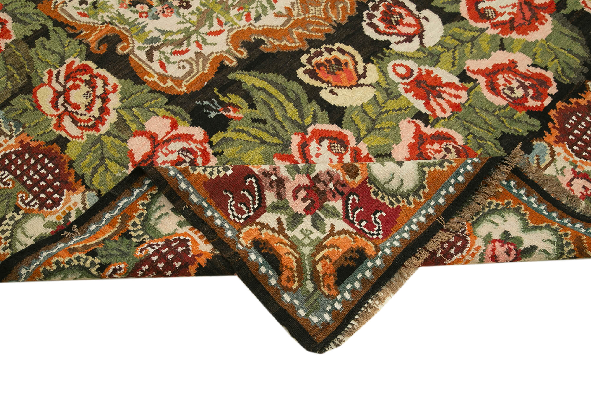 Handmade Wool Rug - Moldovian Black Floral Vintage Area Rug 6'4'' x 11'2''