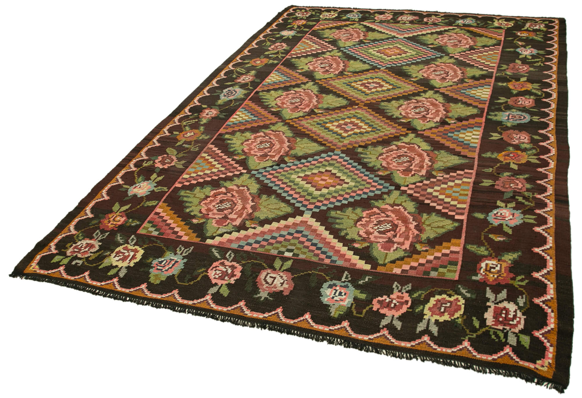 Handmade Wool Rug - Moldovian Style Carpet | Black Floral Design, Cotton Wool Blend