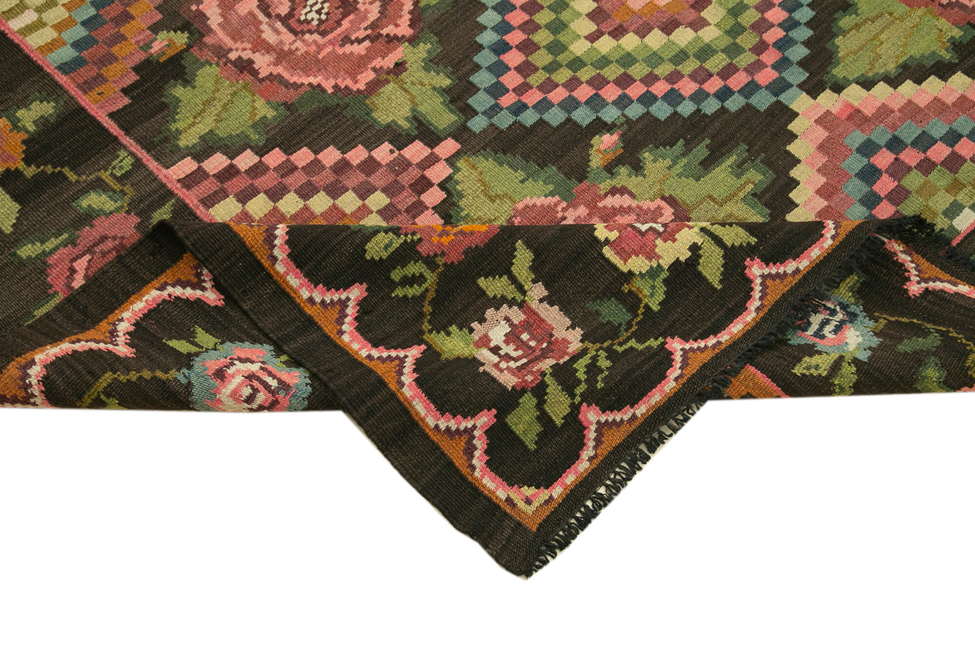 Handmade Wool Rug - Moldovian Style Carpet | Black Floral Design, Cotton Wool Blend