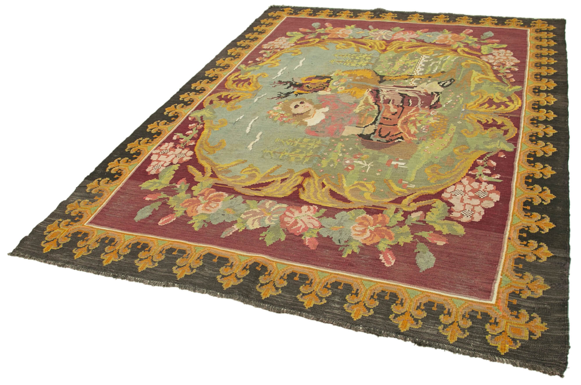 Handmade Wool Rug - Moldovian Black Floral Cotton Wool Blend 6'3''x8'6'' Vintage Area Rug