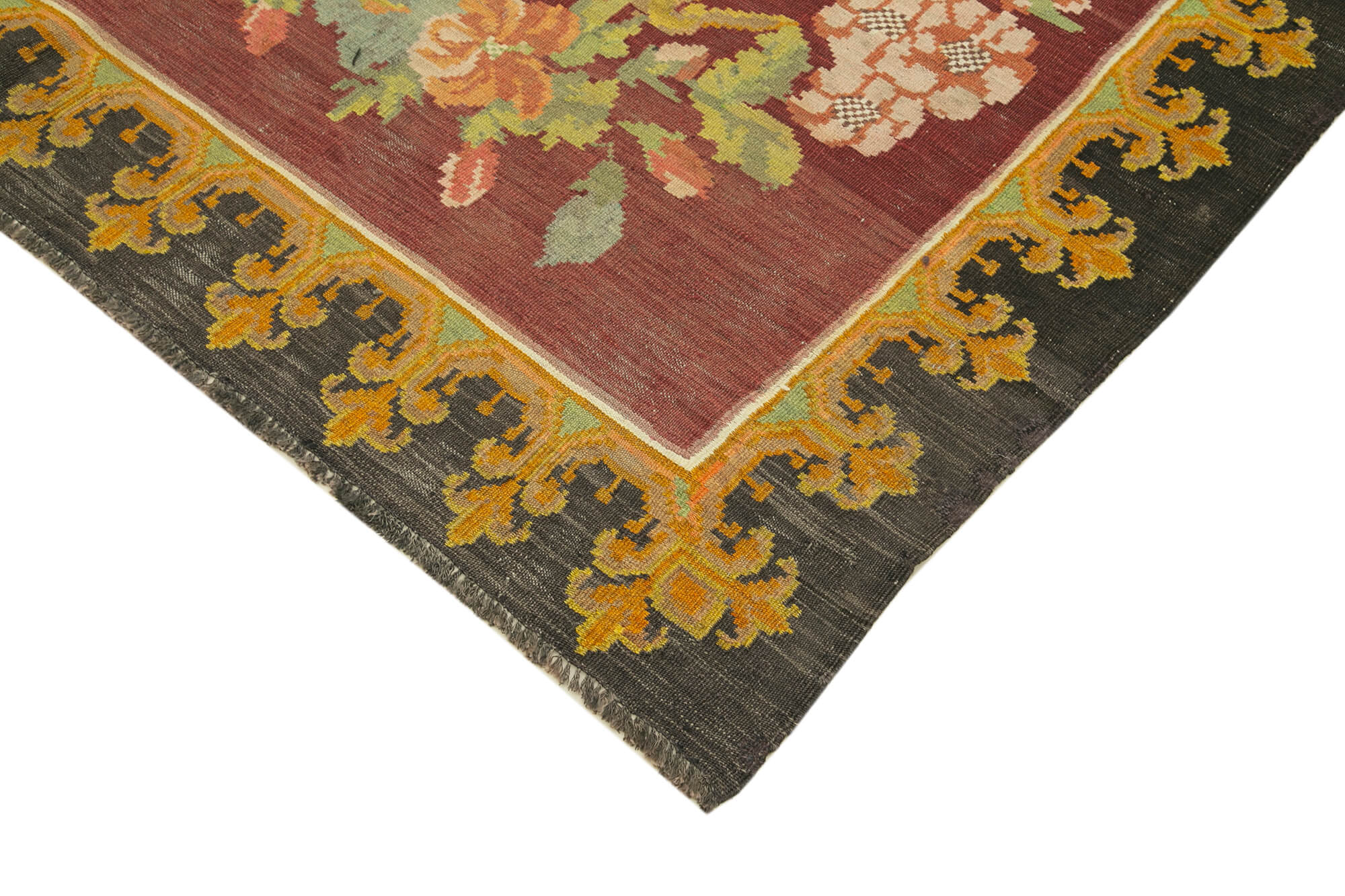 Handmade Wool Rug - Moldovian Black Floral Cotton Wool Blend 6'3''x8'6'' Vintage Area Rug