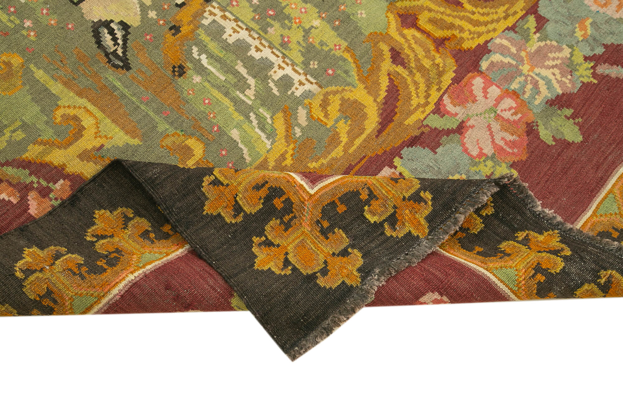 Handmade Wool Rug - Moldovian Black Floral Cotton Wool Blend 6'3''x8'6'' Vintage Area Rug