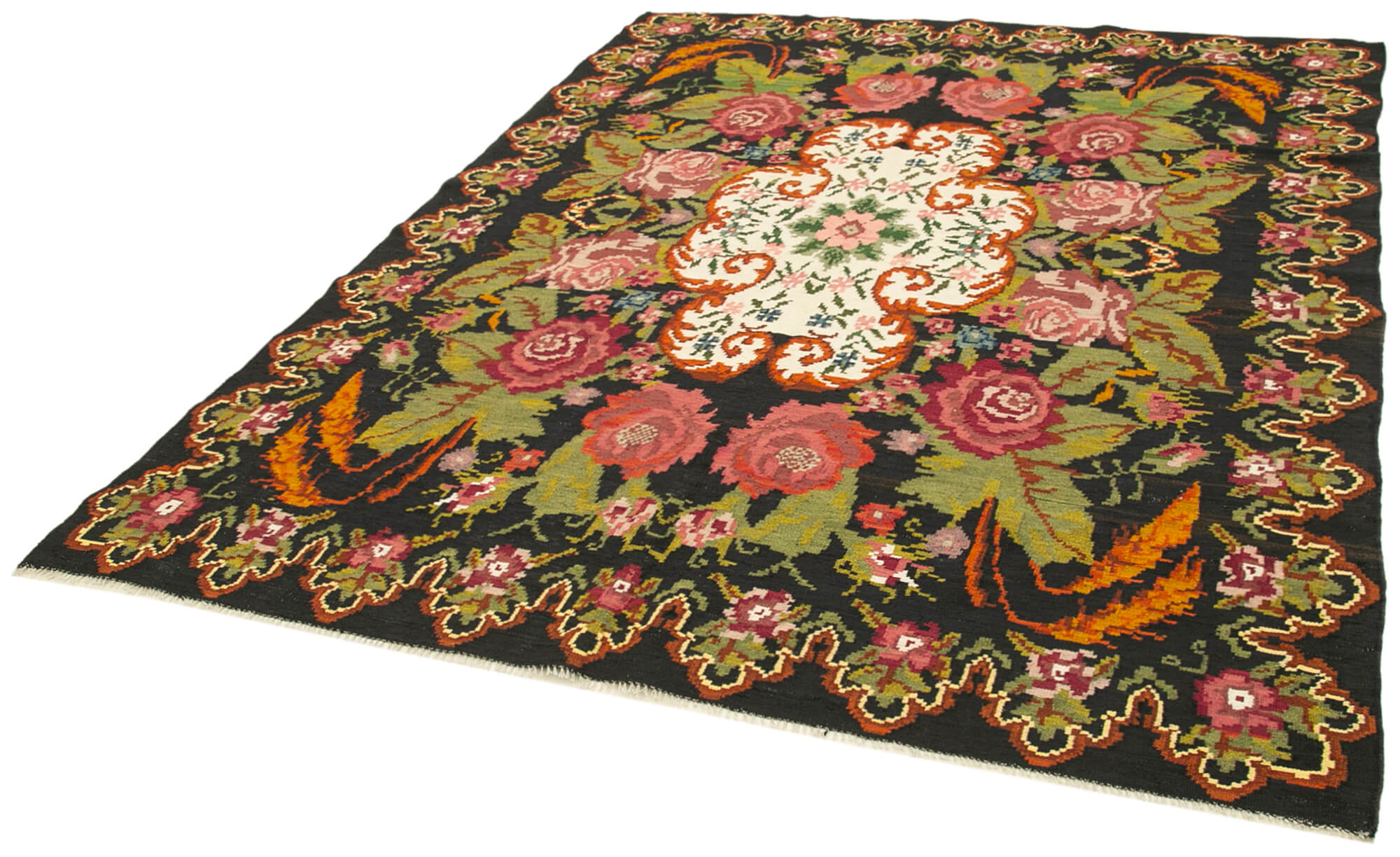 Handmade Wool Rug - Moldovian Black Floral Design | Hand Knotted Cotton Wool Carpet
