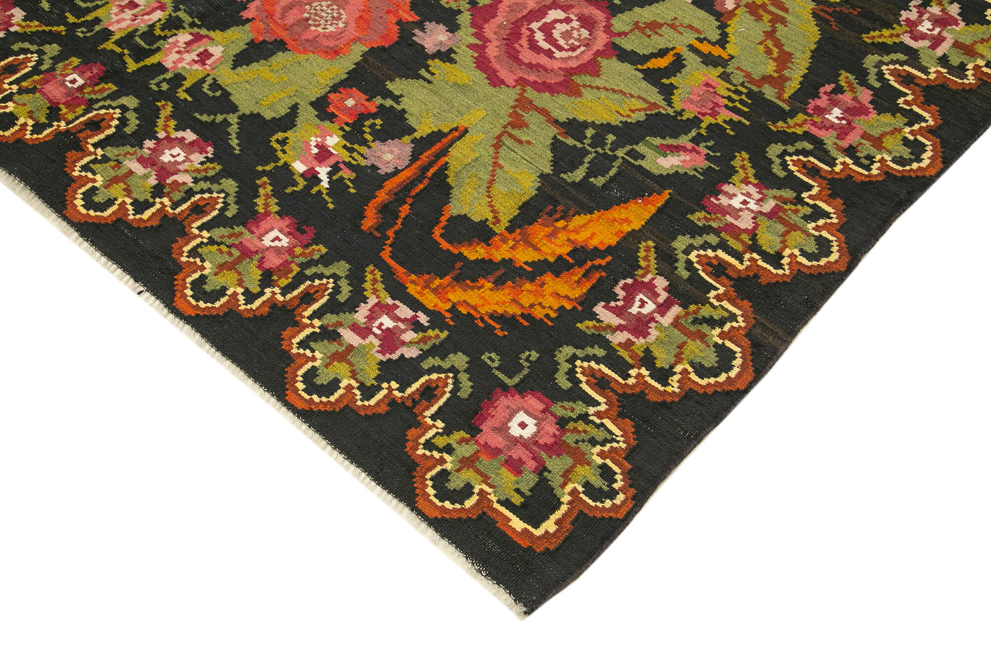 Handmade Wool Rug - Moldovian Black Floral Design | Hand Knotted Cotton Wool Carpet