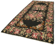 Handmade Wool Area Rug - Black Floral Carpet | Vintage Turkish Knotted Rug 5'5''x13'