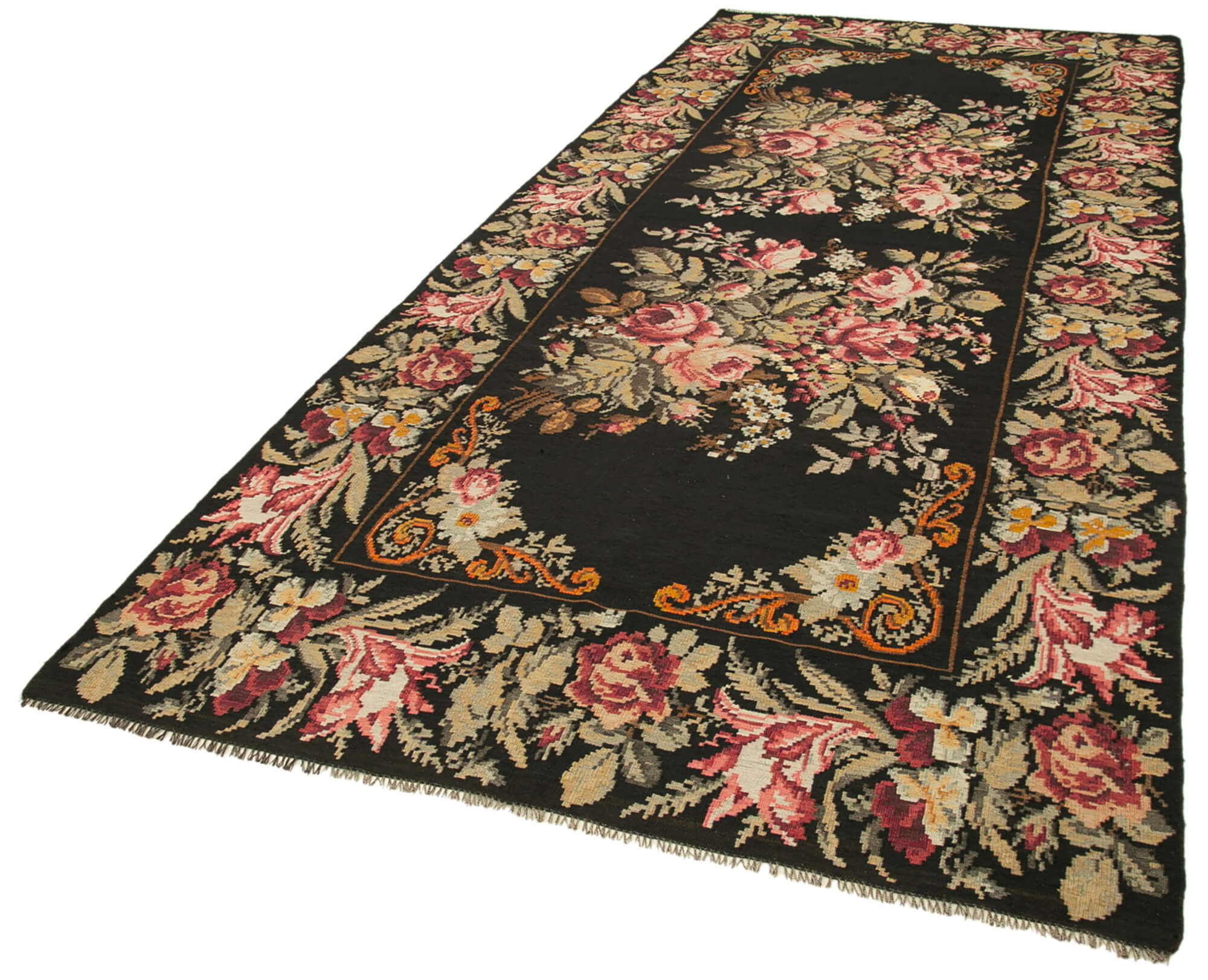 Handmade Wool Area Rug - Black Floral Carpet | Vintage Turkish Knotted Rug 5'5''x13'