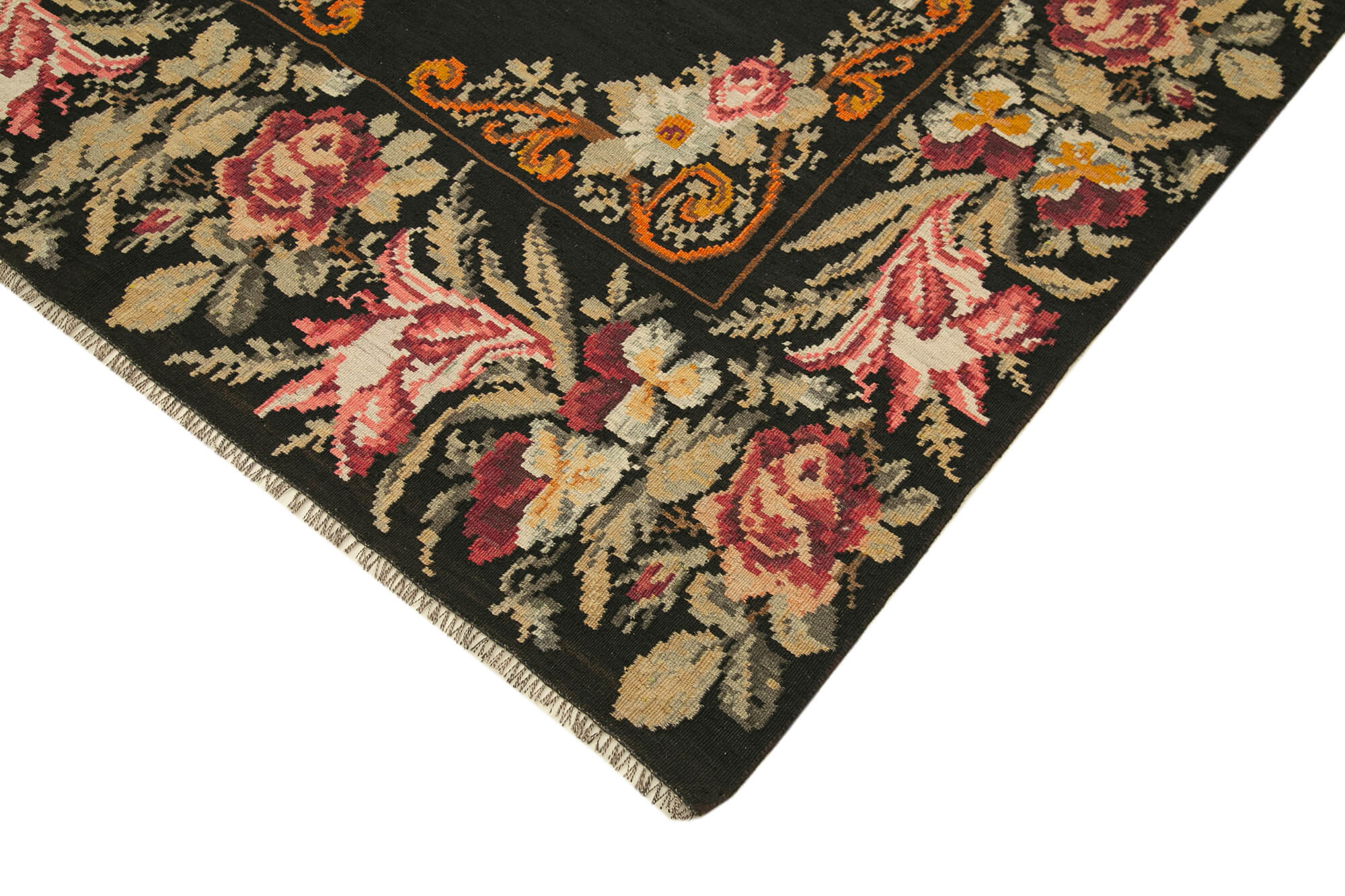 Handmade Wool Area Rug - Black Floral Carpet | Vintage Turkish Knotted Rug 5'5''x13'