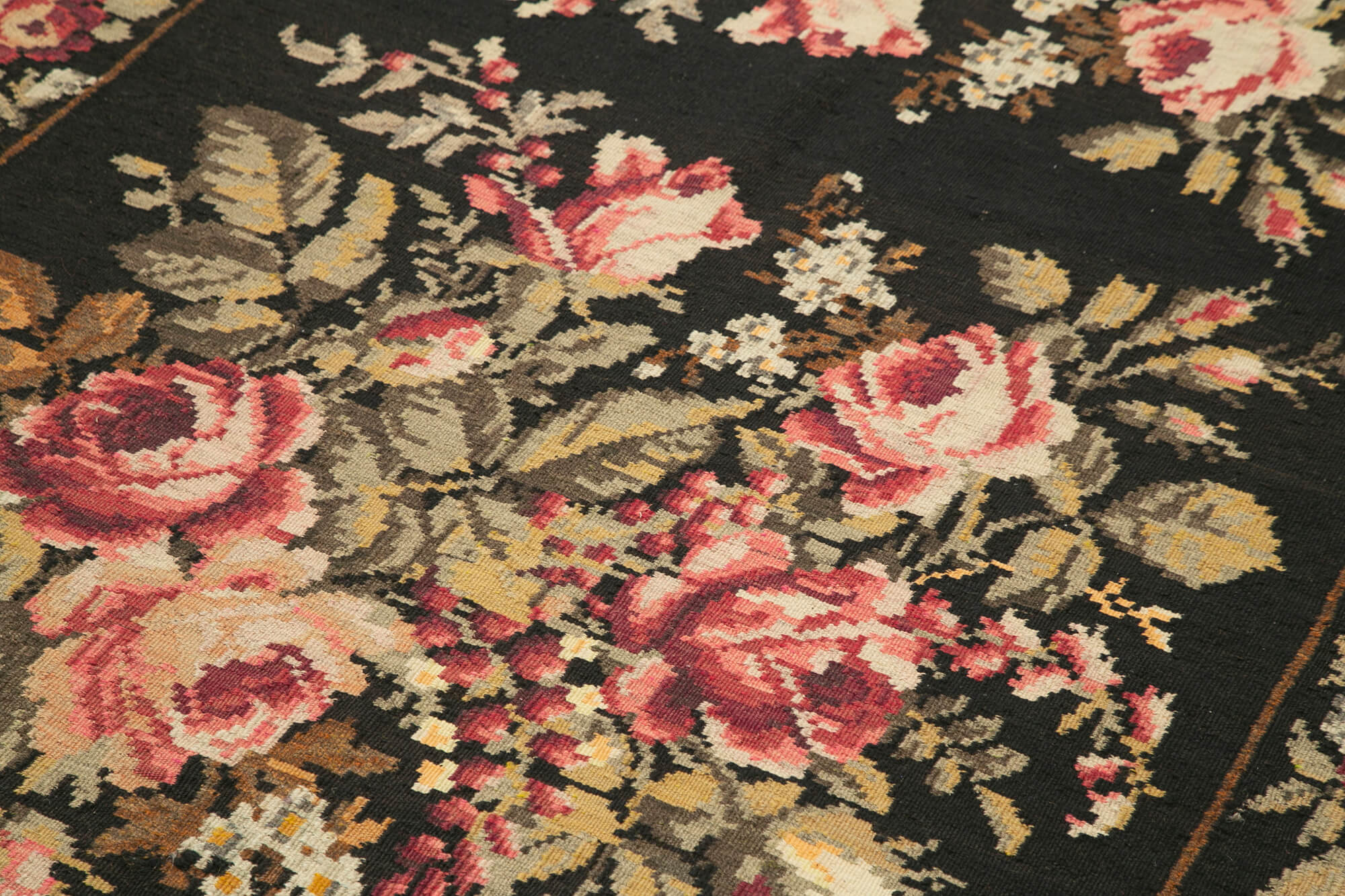 Handmade Wool Area Rug - Black Floral Carpet | Vintage Turkish Knotted Rug 5'5''x13'