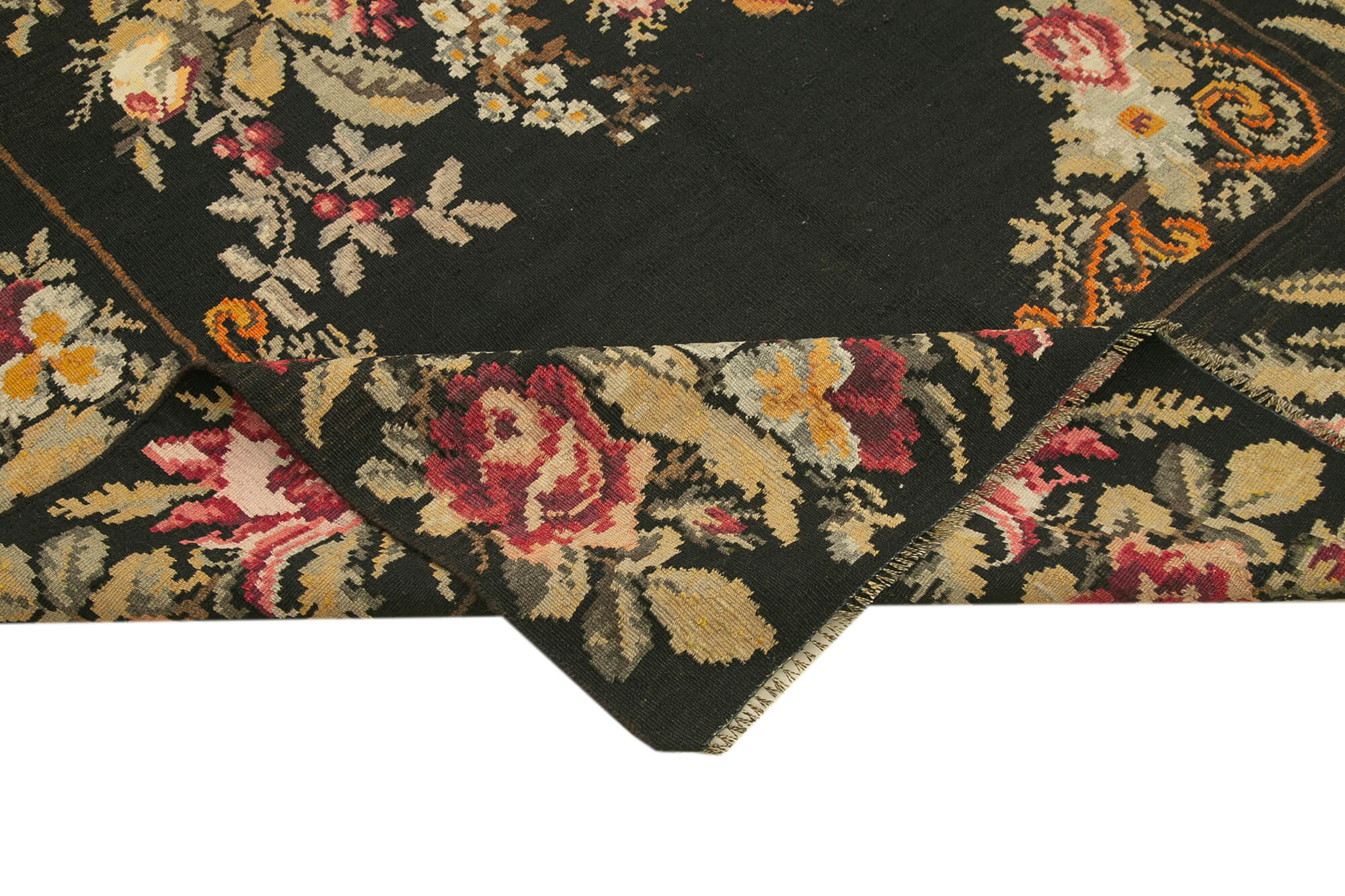 Handmade Wool Area Rug - Black Floral Carpet | Vintage Turkish Knotted Rug 5'5''x13'