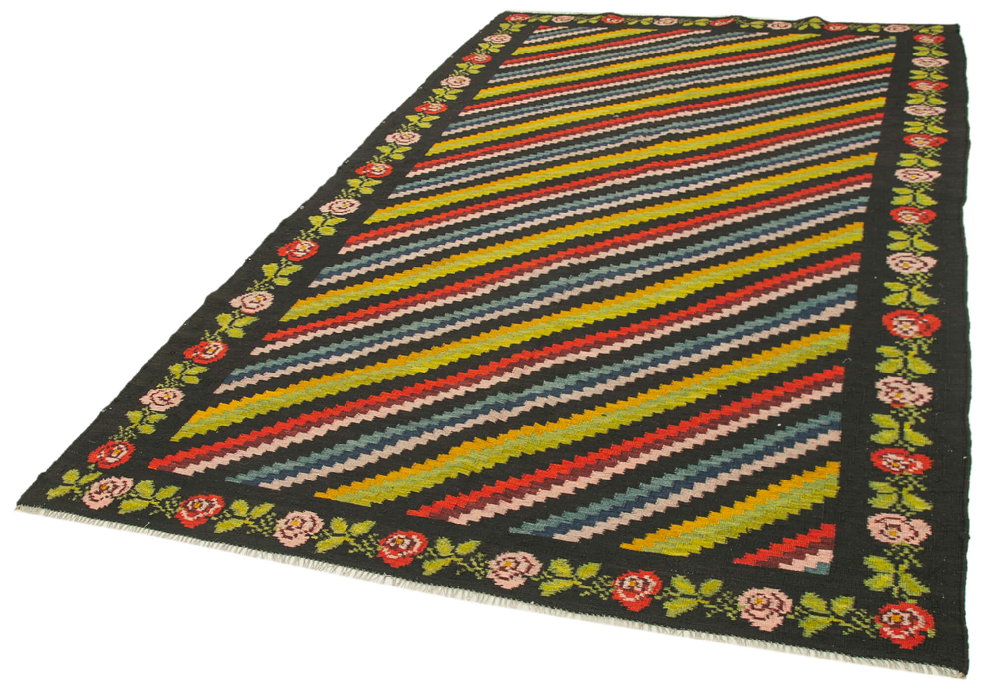 Handmade Wool Rug - Vintage Area Rug With Black Floral Pattern | Cotton Wool Blend