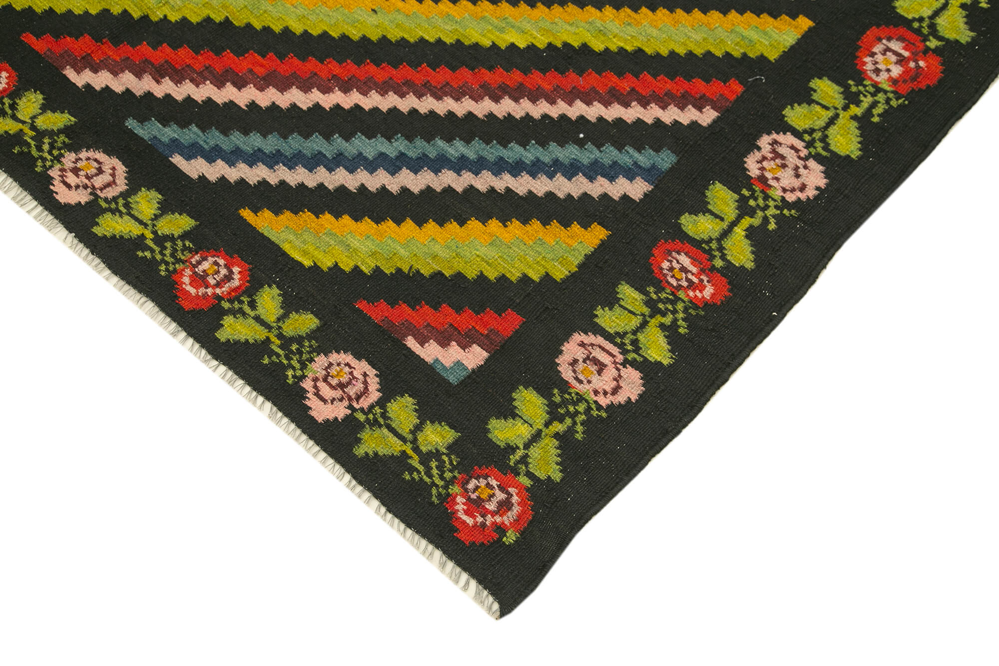 Handmade Wool Rug - Vintage Area Rug With Black Floral Pattern | Cotton Wool Blend