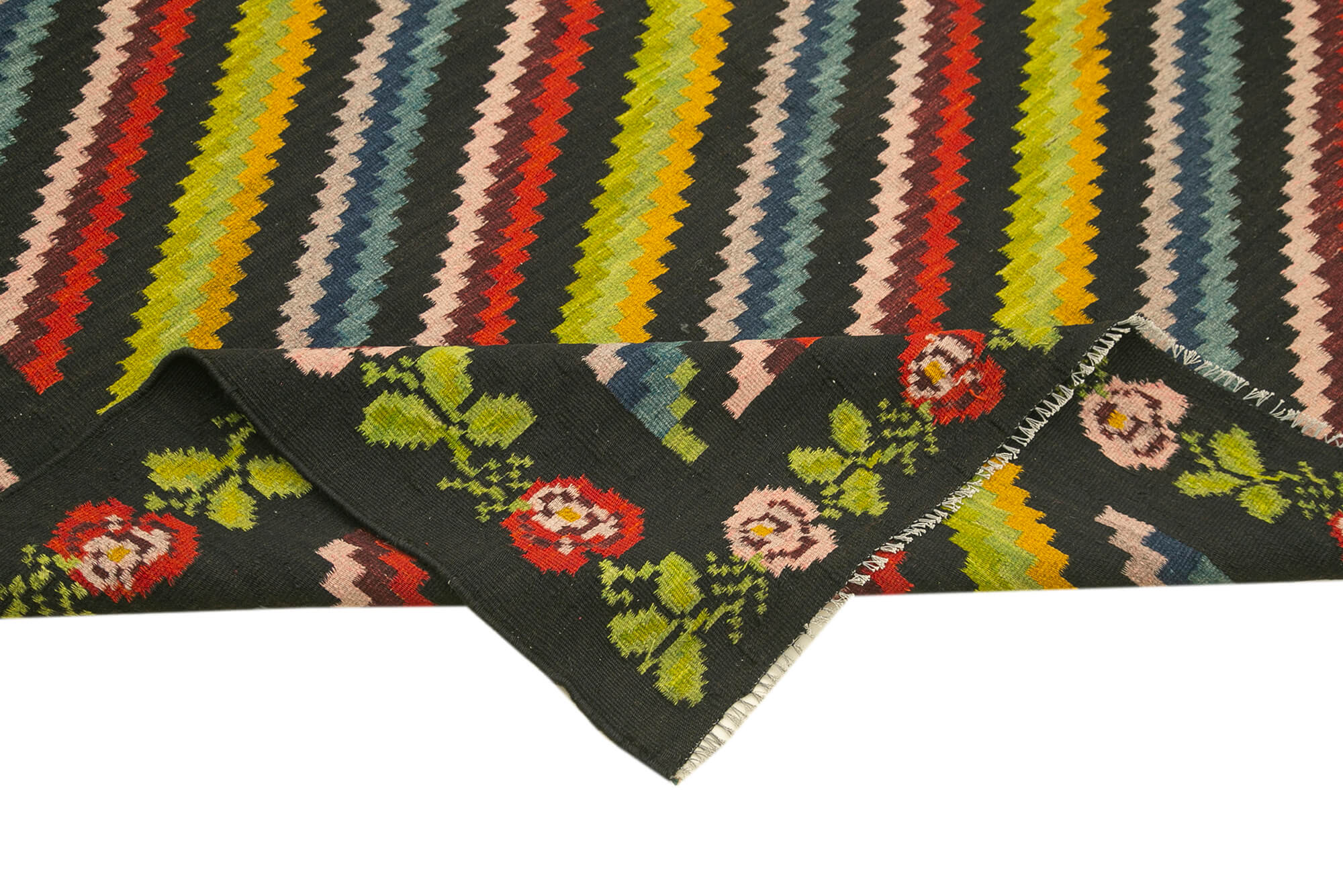 Handmade Wool Rug - Vintage Area Rug With Black Floral Pattern | Cotton Wool Blend