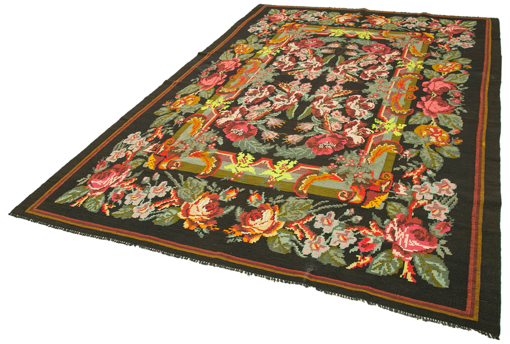 Handmade Wool Rug – Vintage Area Rug With Ornate Floral Design, 7'2'' x 11'1''