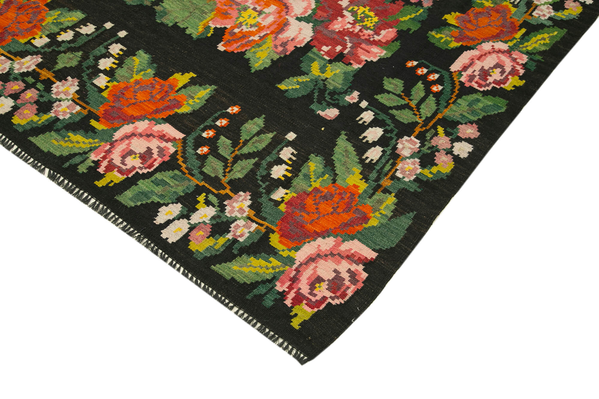 Handmade Wool Area Rug | Black Floral Rug, Hand Woven Carpet 6'7'' x 13'3''