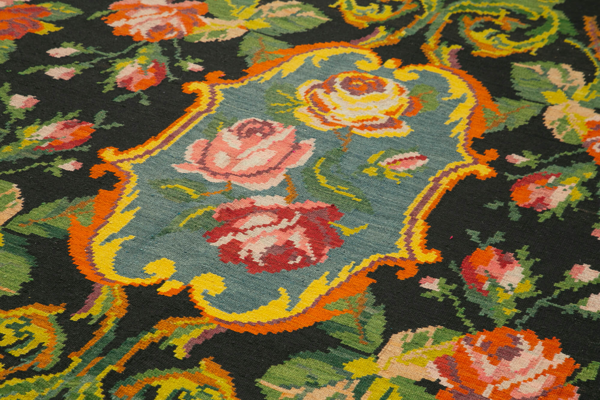 Handmade Wool Area Rug | Black Floral Rug, Hand Woven Carpet 6'7'' x 13'3''