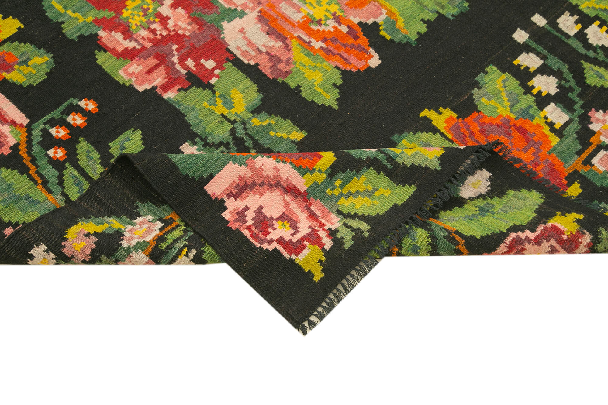 Handmade Wool Area Rug | Black Floral Rug, Hand Woven Carpet 6'7'' x 13'3''