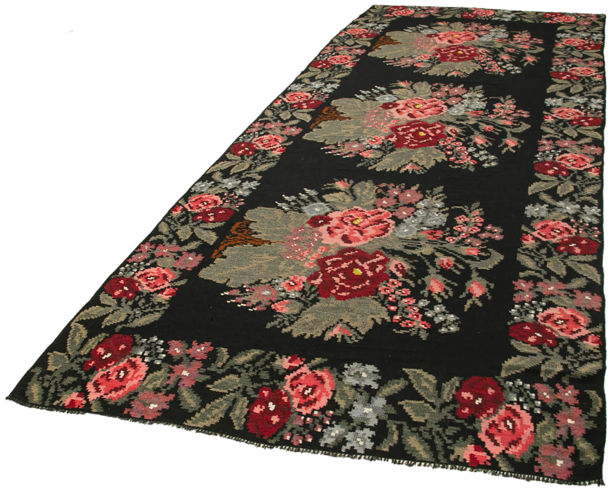 Handmade Wool Area Rug – Moldovian Black Floral Cotton Goat Hair Wool Rug 5'3''x14'3''