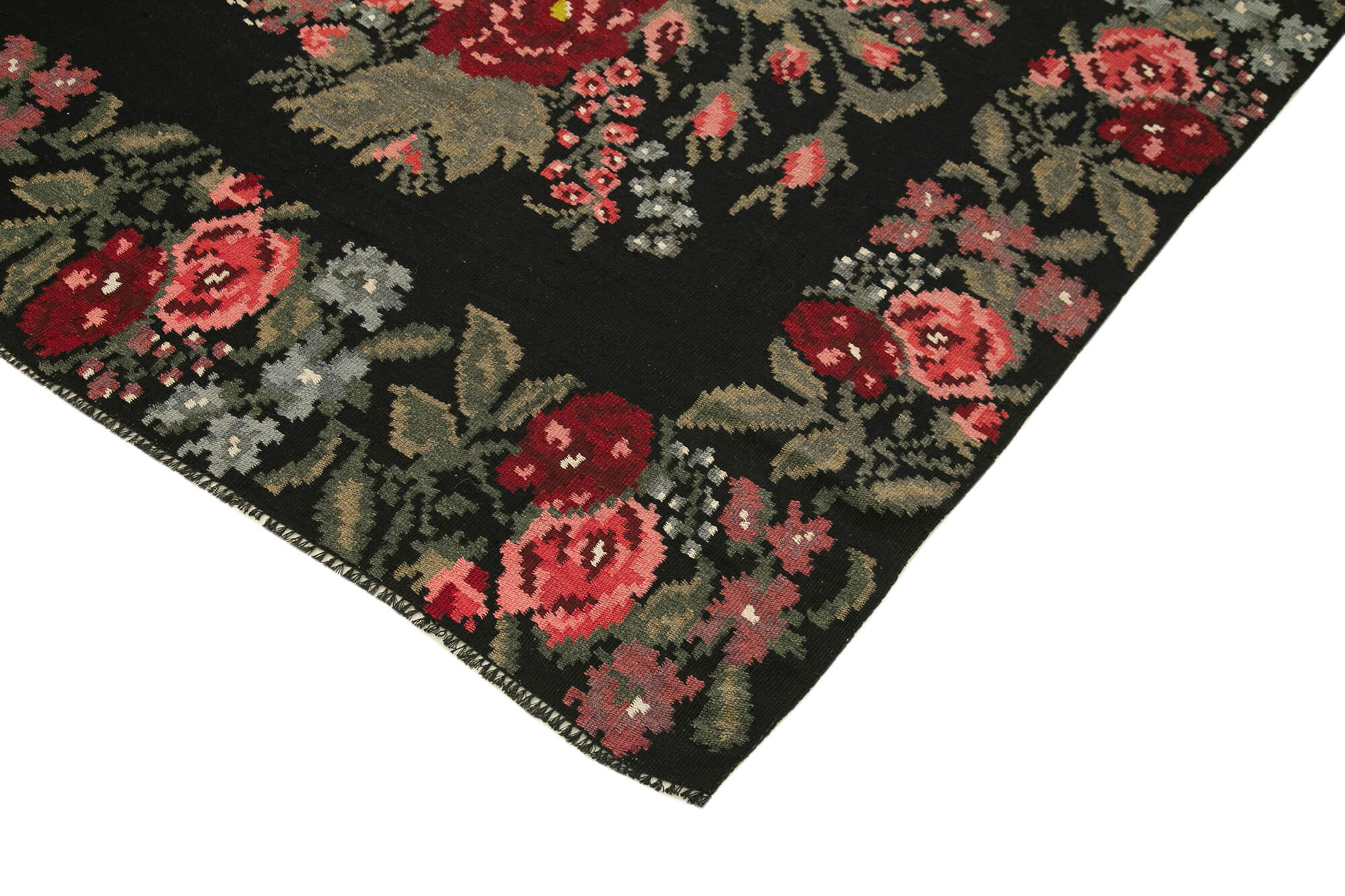 Handmade Wool Area Rug – Moldovian Black Floral Cotton Goat Hair Wool Rug 5'3''x14'3''