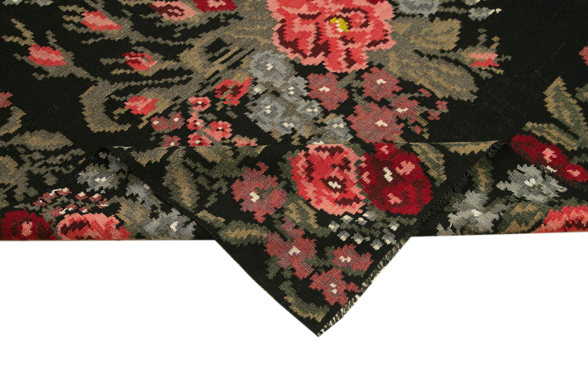 Handmade Wool Area Rug – Moldovian Black Floral Cotton Goat Hair Wool Rug 5'3''x14'3''
