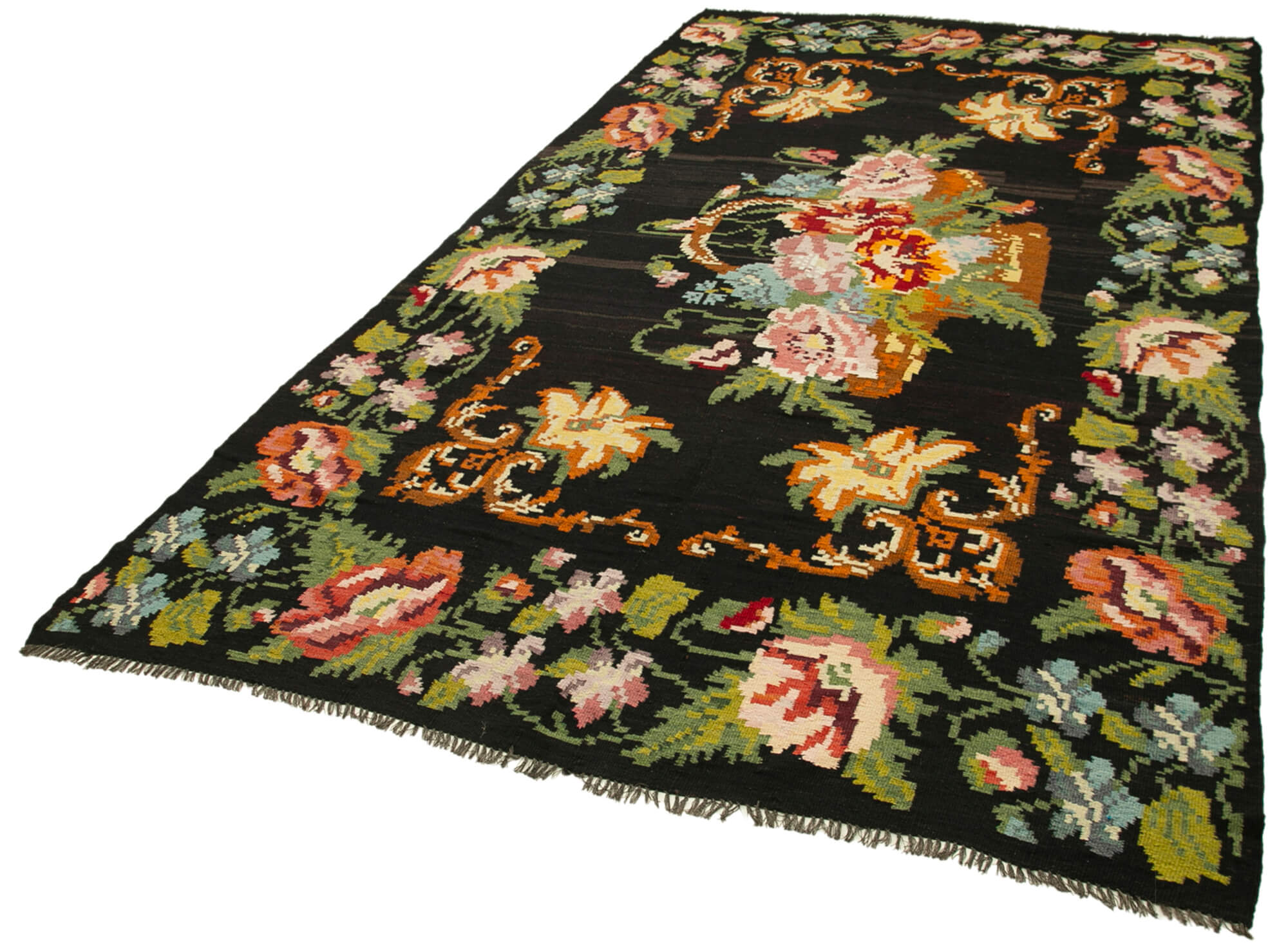 Handmade Wool Rug – Black Floral Vintage Area Rug 6'1'' x 11'8'' | Natural Wool Carpet