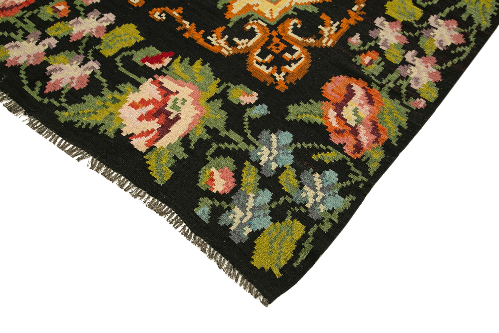 Handmade Wool Rug – Black Floral Vintage Area Rug 6'1'' x 11'8'' | Natural Wool Carpet
