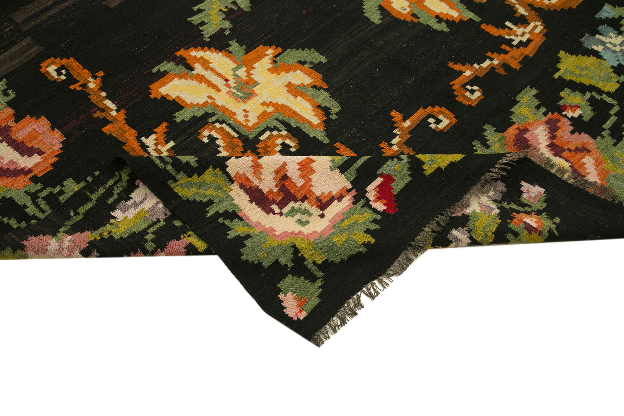 Handmade Wool Rug – Black Floral Vintage Area Rug 6'1'' x 11'8'' | Natural Wool Carpet