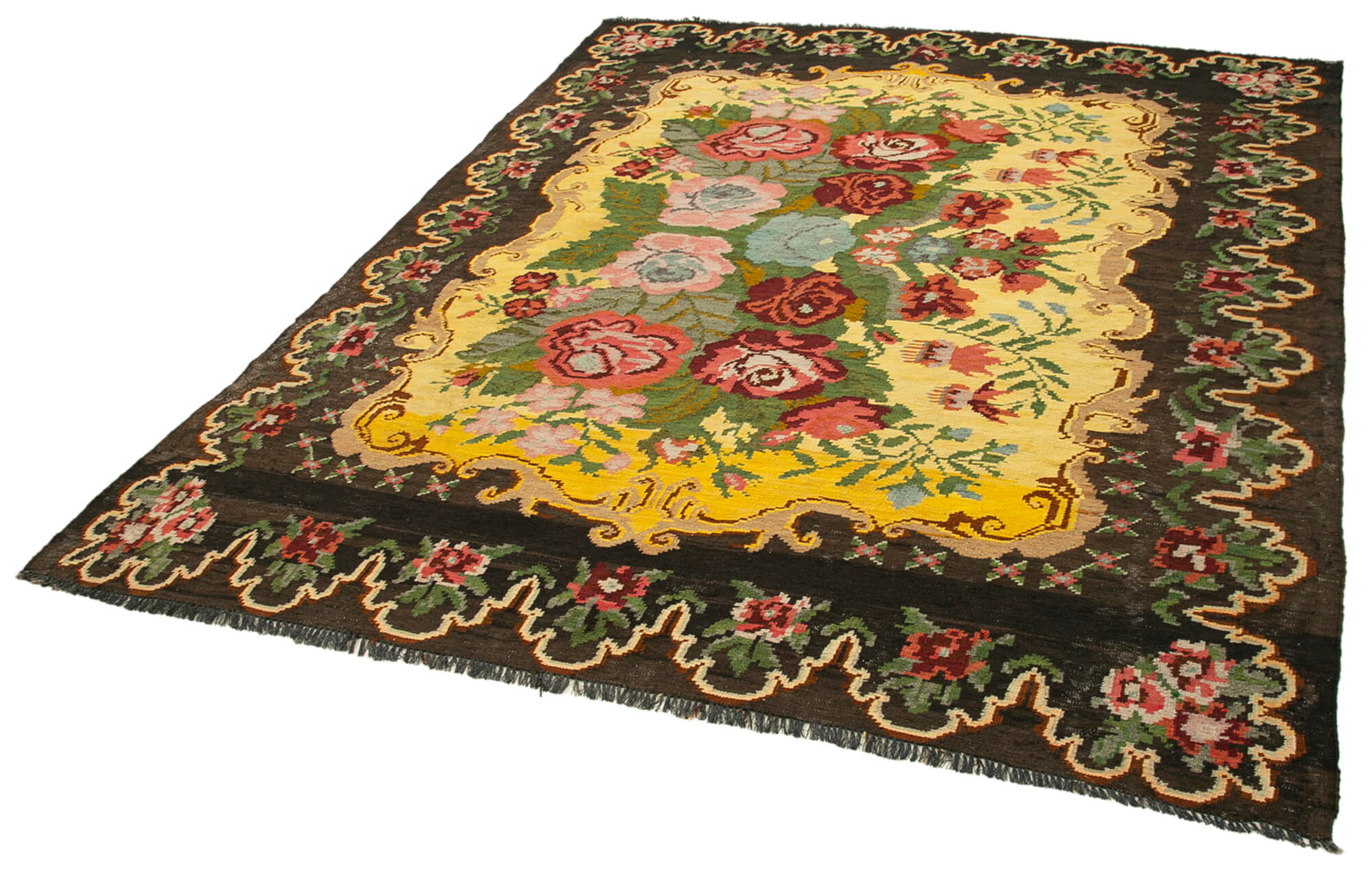 Handmade Wool Area Rug – Vintage Hand Woven Floral Brown Carpet 6x8 Feet