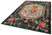 Handmade Wool Rug - Black Floral Vintage Area Rug with Soft Wool Texture 6'2'' x 9'1''