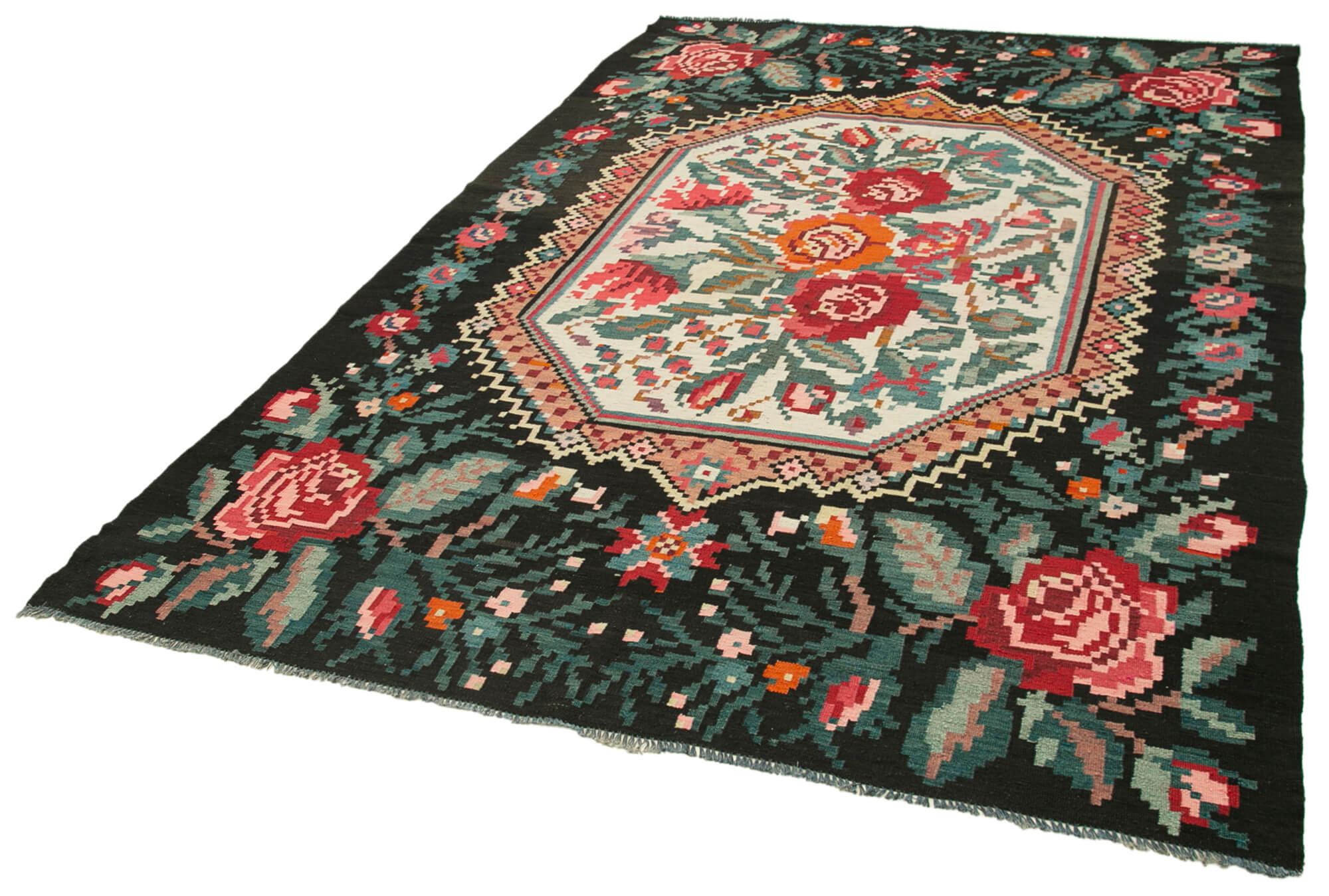 Handmade Wool Rug - Black Floral Vintage Area Rug with Soft Wool Texture 6'2'' x 9'1''
