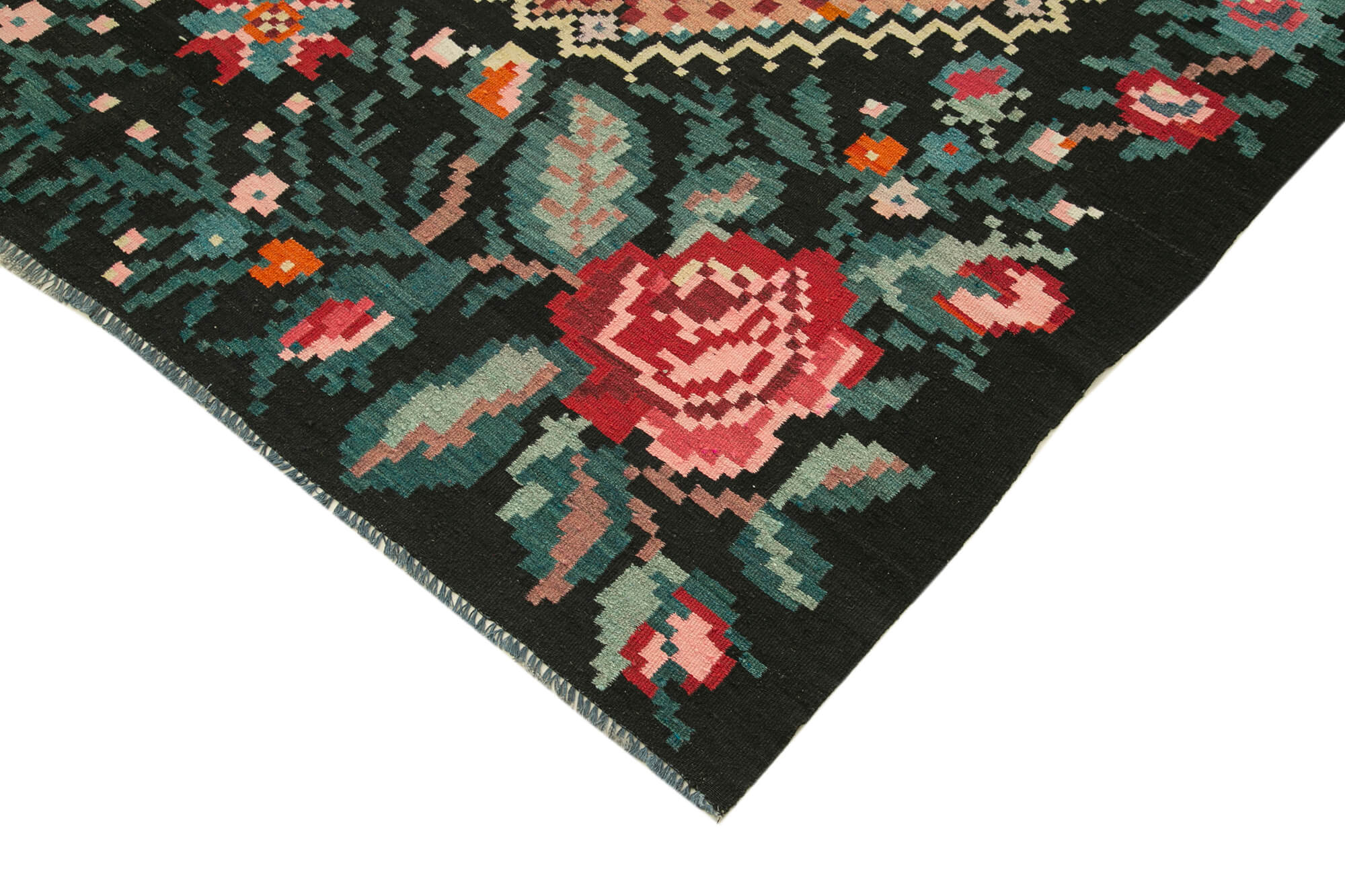 Handmade Wool Rug - Black Floral Vintage Area Rug with Soft Wool Texture 6'2'' x 9'1''