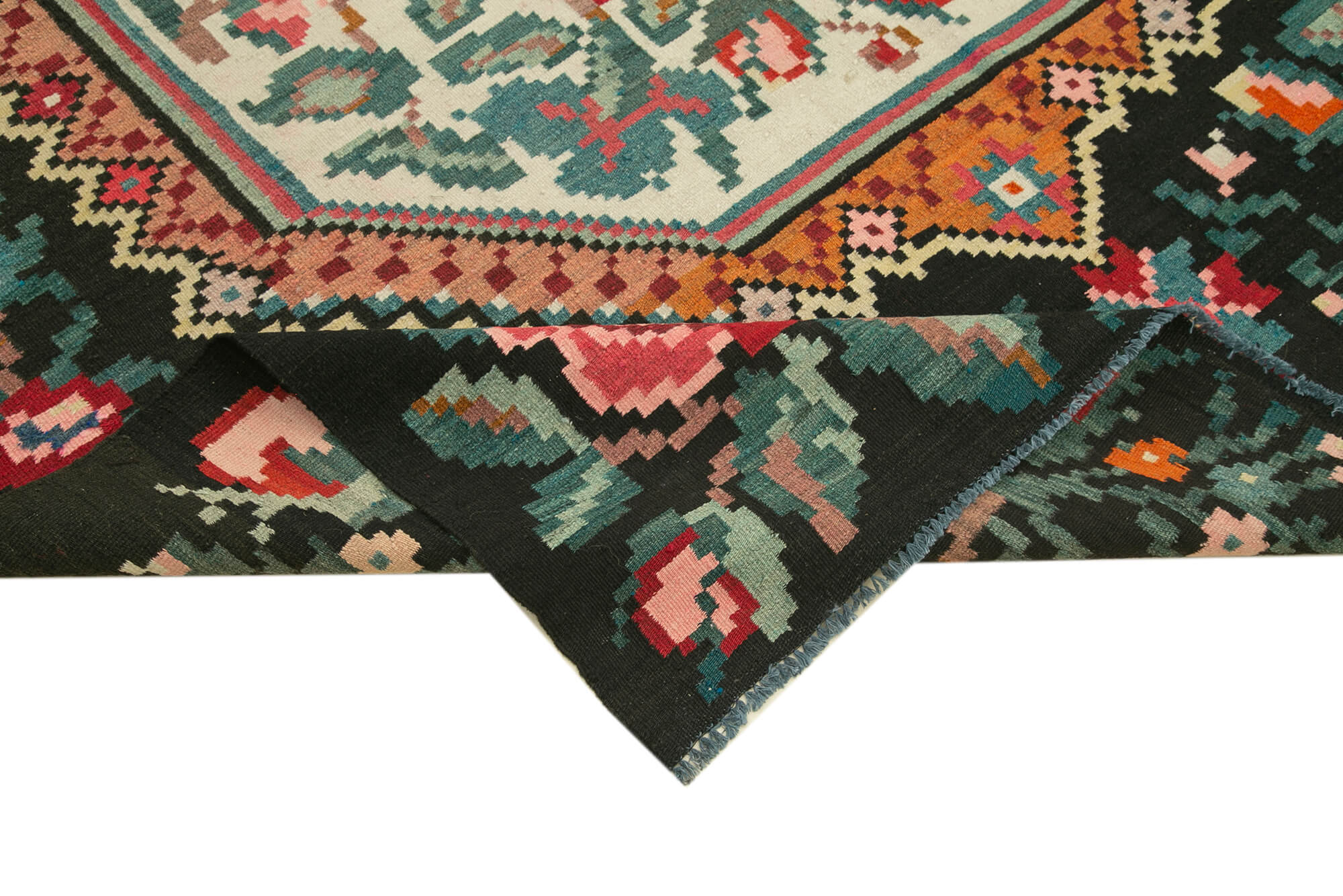 Handmade Wool Rug - Black Floral Vintage Area Rug with Soft Wool Texture 6'2'' x 9'1''