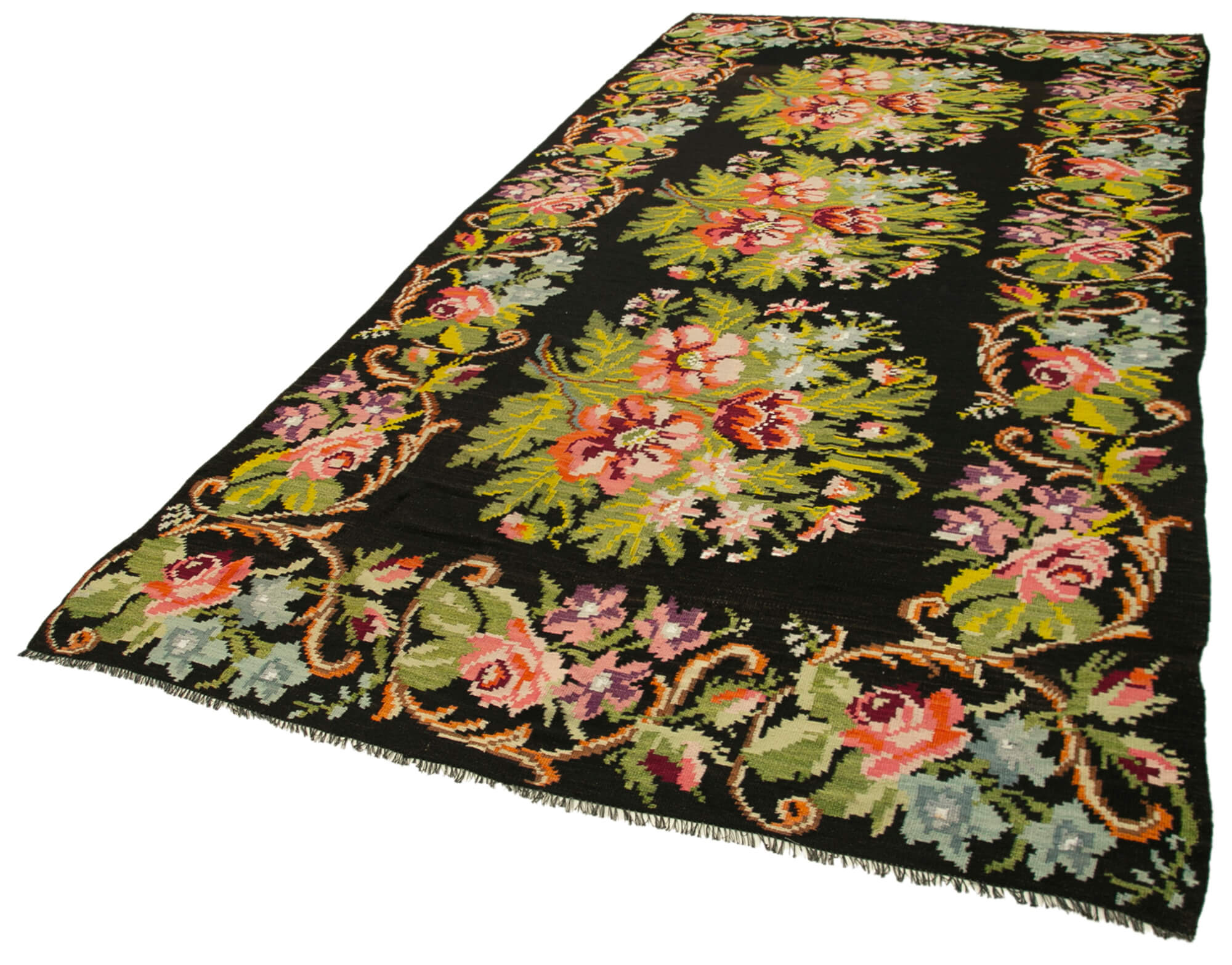 Handmade Wool Area Rug – Black Floral Cotton & Goat Hair Vintage Carpet 6'4''x13'3''