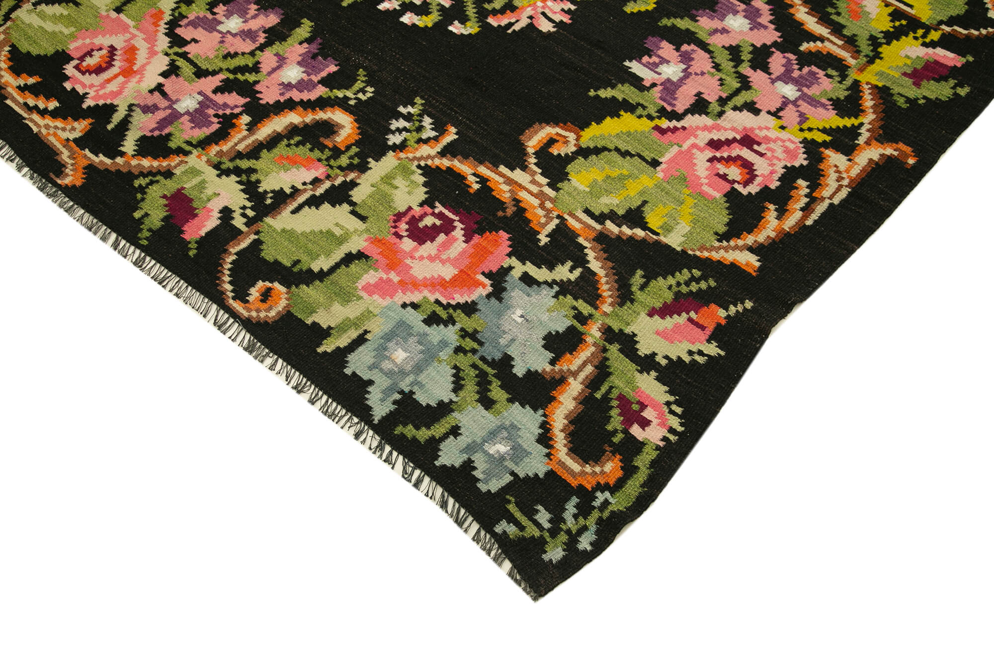 Handmade Wool Area Rug – Black Floral Cotton & Goat Hair Vintage Carpet 6'4''x13'3''