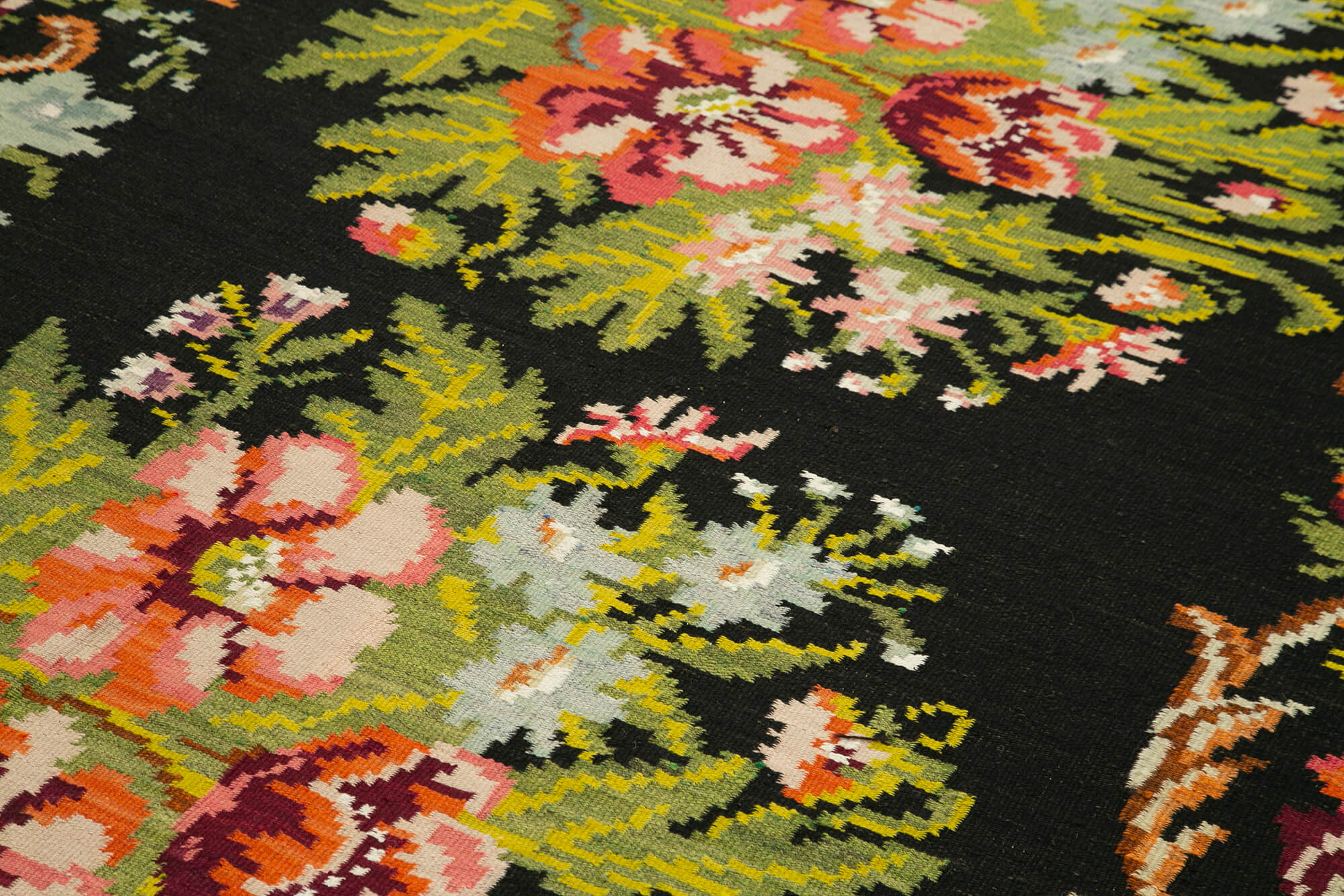 Handmade Wool Area Rug – Black Floral Cotton & Goat Hair Vintage Carpet 6'4''x13'3''