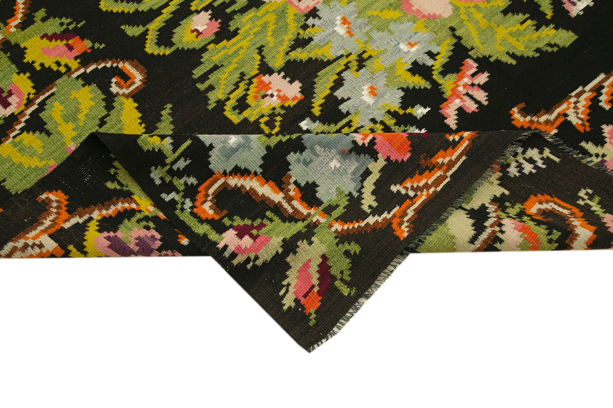 Handmade Wool Area Rug – Black Floral Cotton & Goat Hair Vintage Carpet 6'4''x13'3''